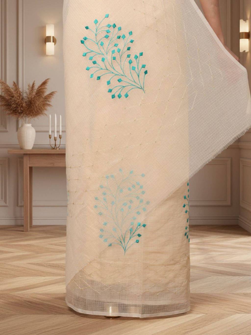 Earthy Kota Doria Cotton Bel Embroidery Off White Saree Handdyed