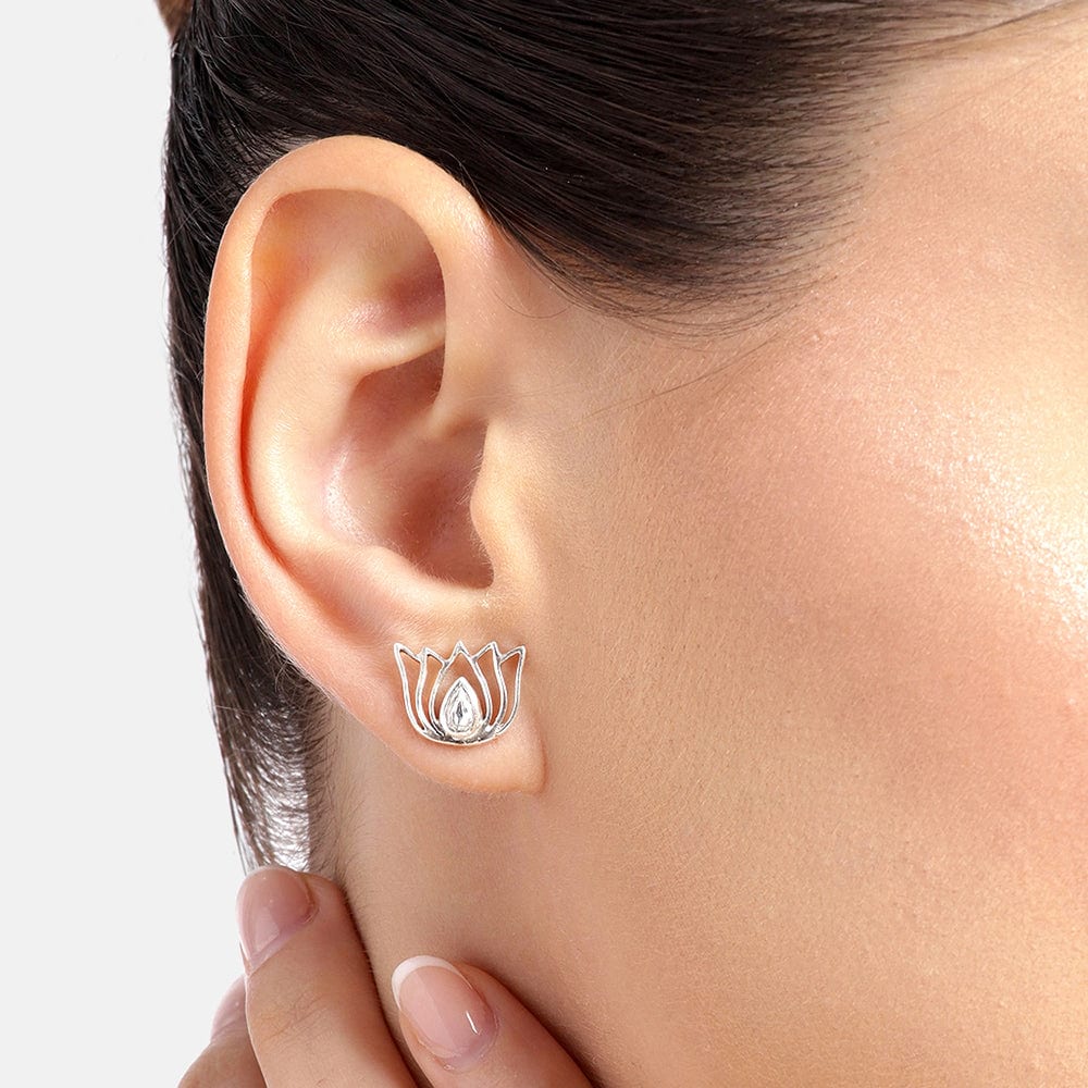 92.5 Silver White Kundan Sacred Lotus Stud Earrings