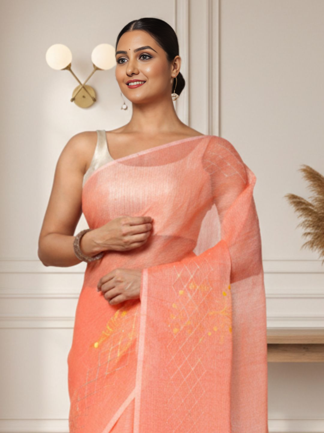 Bold Kota Doria Cotton Bel Embroidery Orange Saree Handdyed