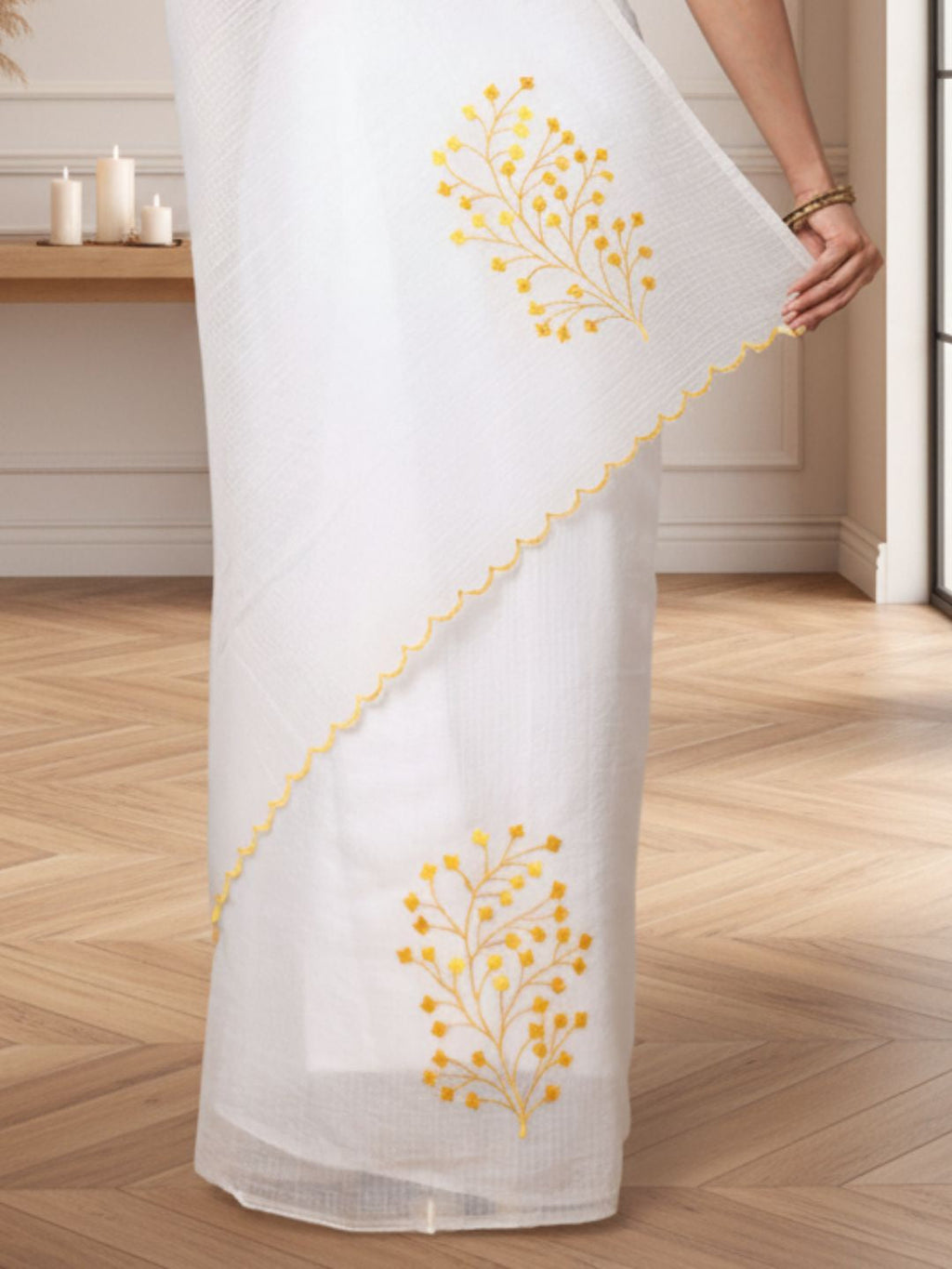 Kota Doria Cotton Bel Embroidery White Saree Handdyed