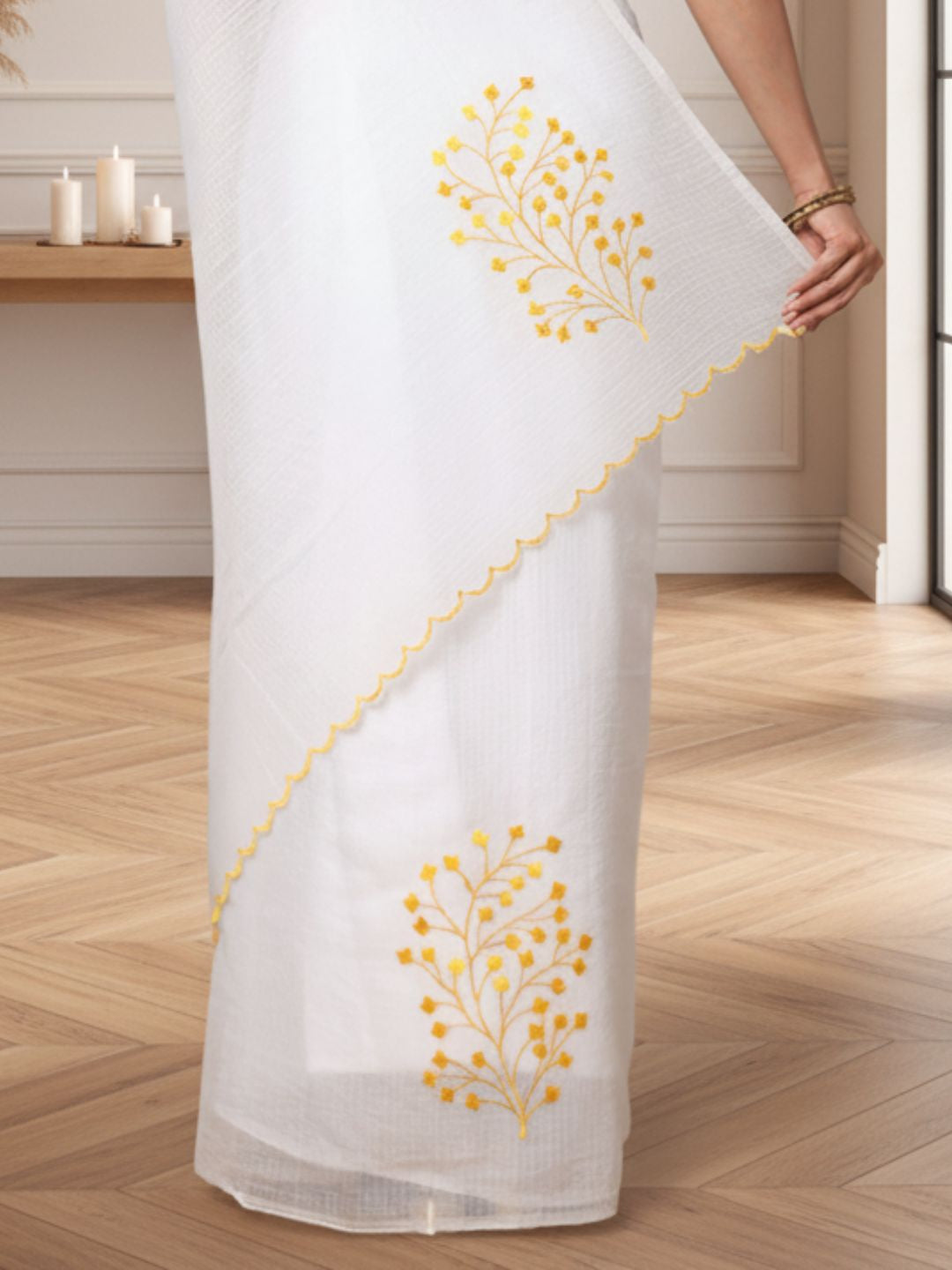 Kota Doria Cotton Bel Embroidery White Saree Handdyed