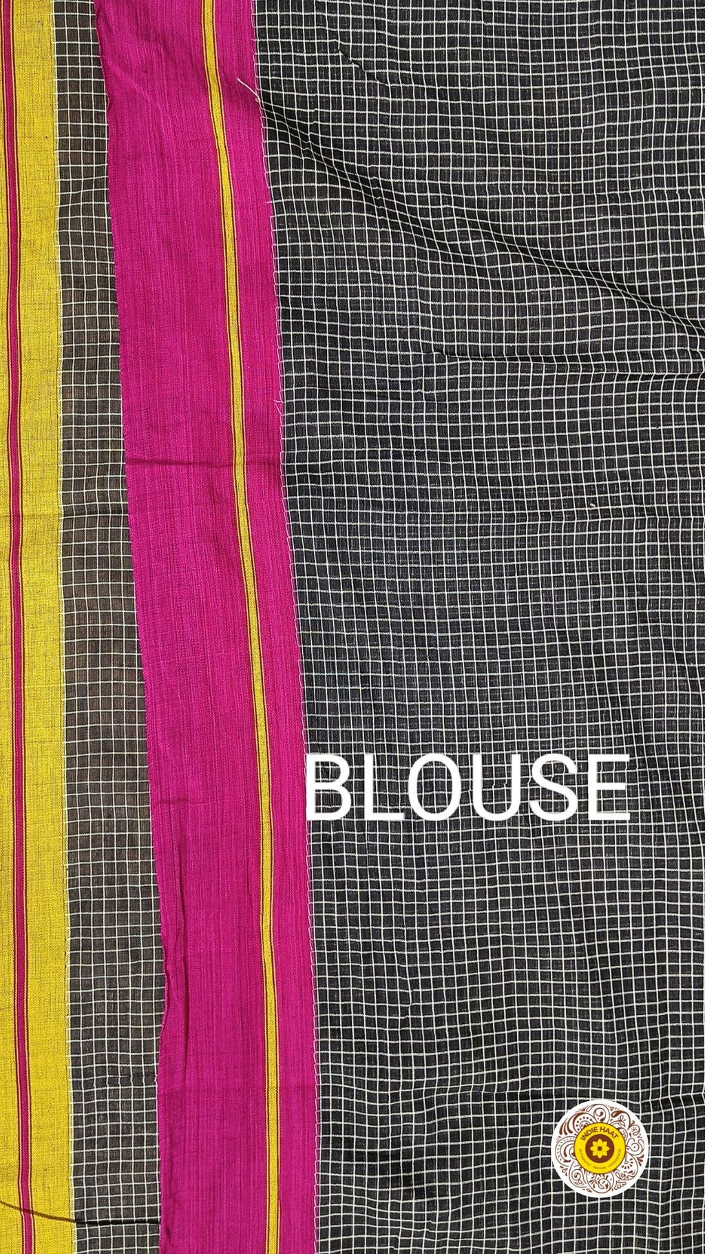 Patteda Anchu Handloom Mark Certified Pure Cotton Black Saree with Running Blouse-Indiehaat