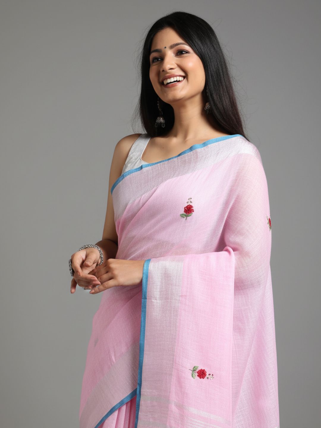 Illuminating Pure Linen Floral Embroidered Biege Saree