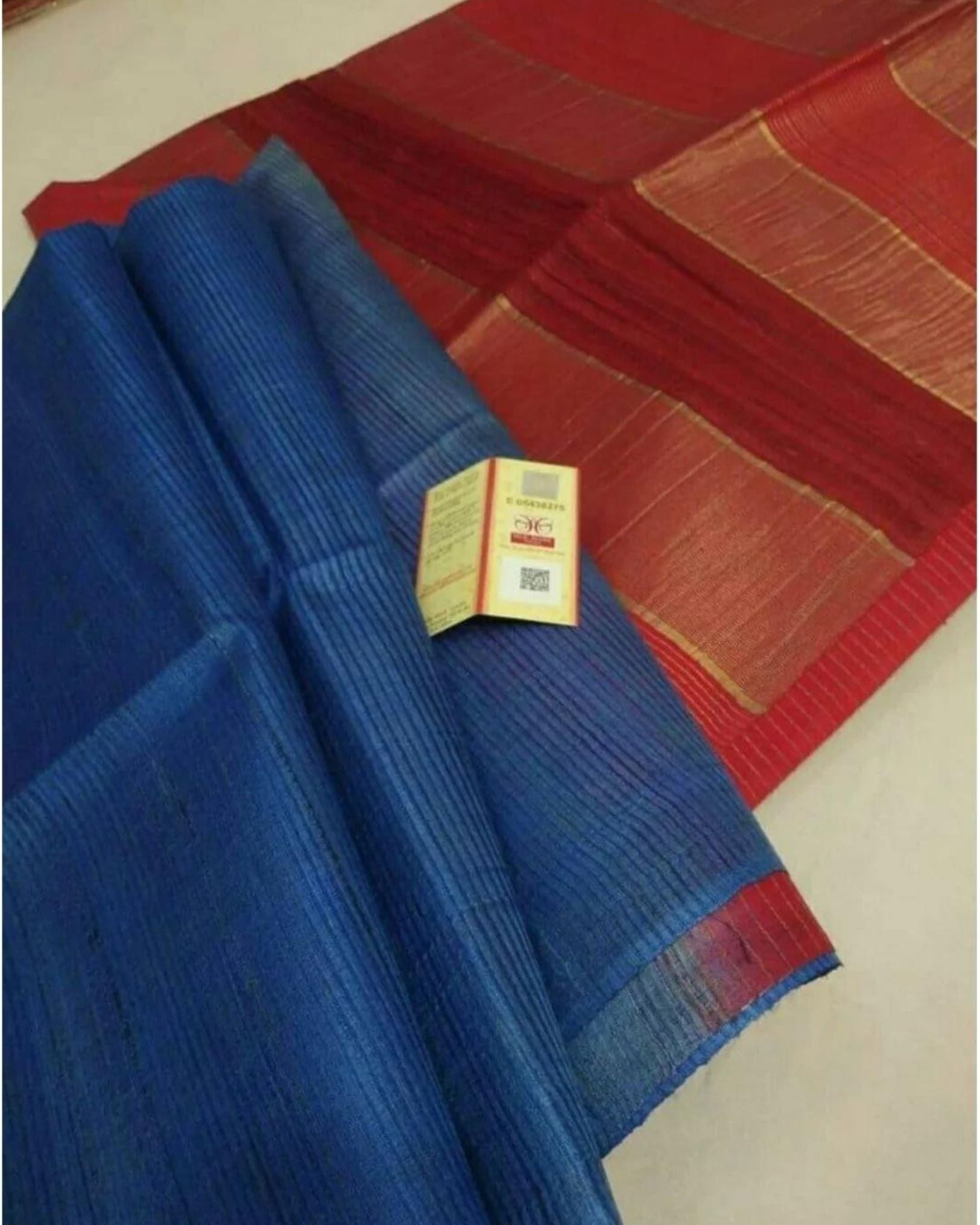 Eri Silk Tussar Striped Saree â€“ Blue & Red â€“ Party Wear â€“ Indiehaat