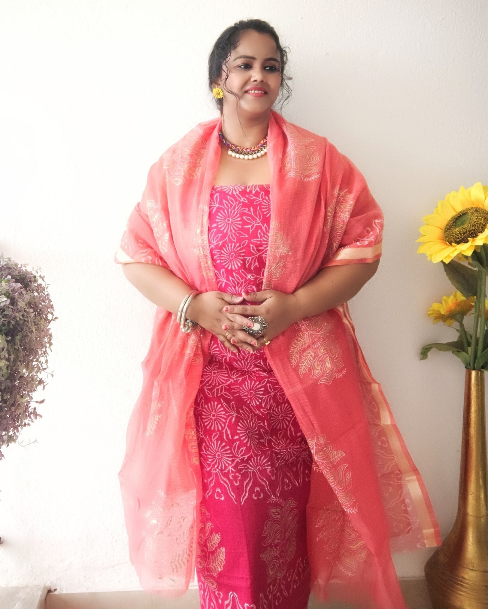 Lovable Kota Doria Embroidered Suit Material Red With Pink Dupatta