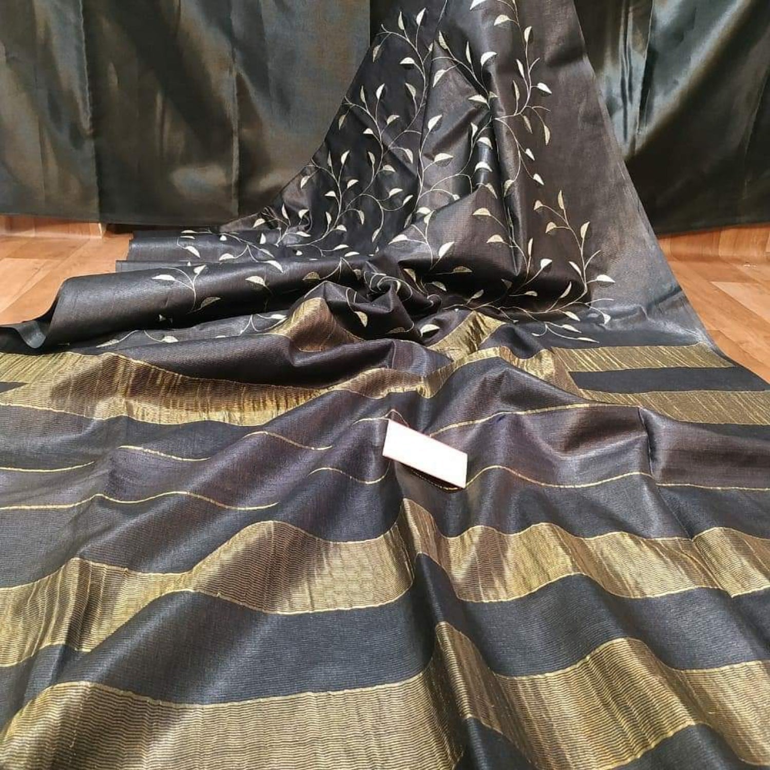 Eri Silk Digital Embroidered Black Saree with Running Blouse-Indiehaat
