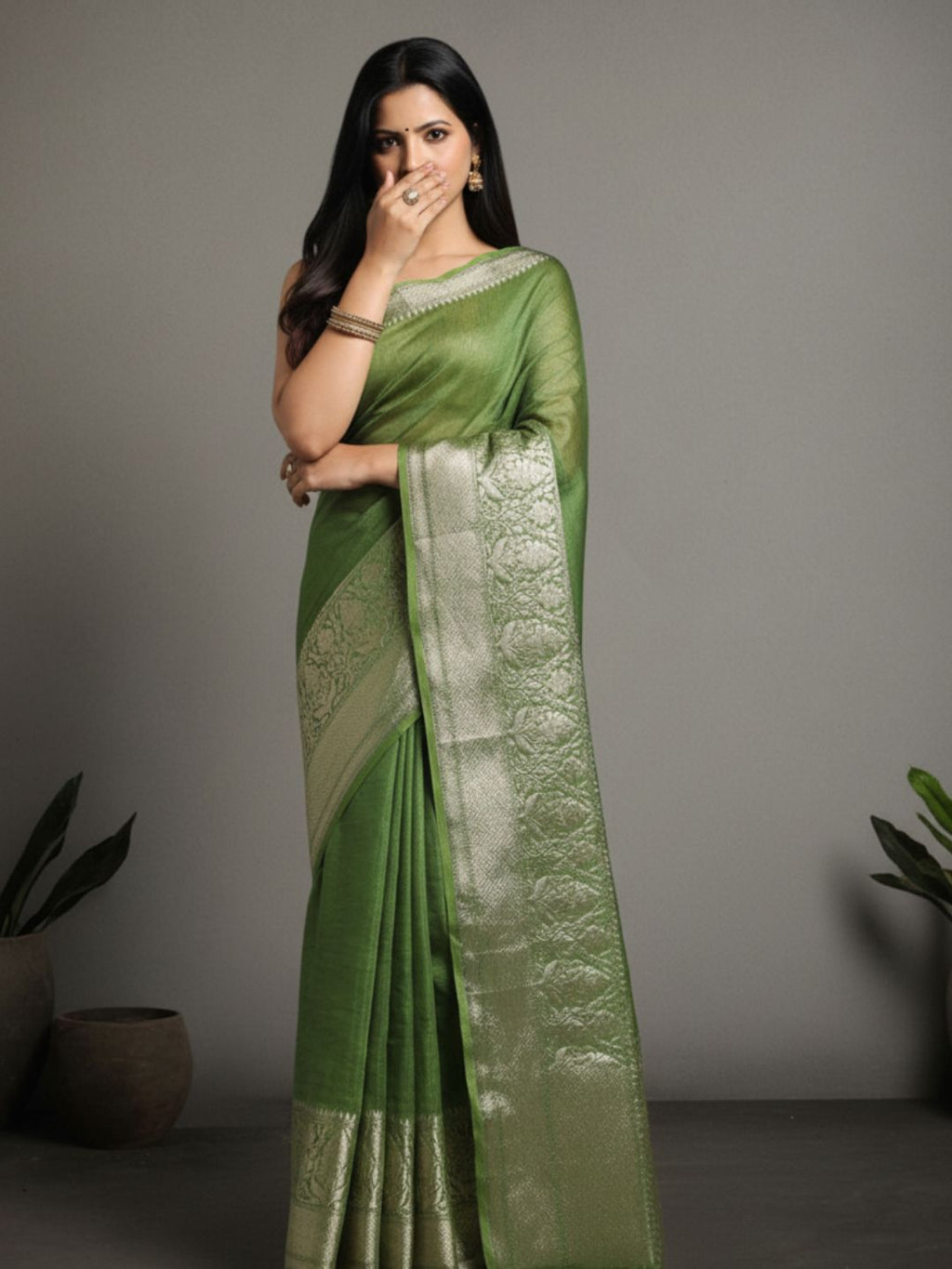Sparkling Banarasi Silk Linen Green Handloom Saree