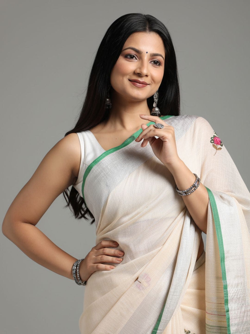 Beautiful Pure Linen Floral Embroidered Biege Saree