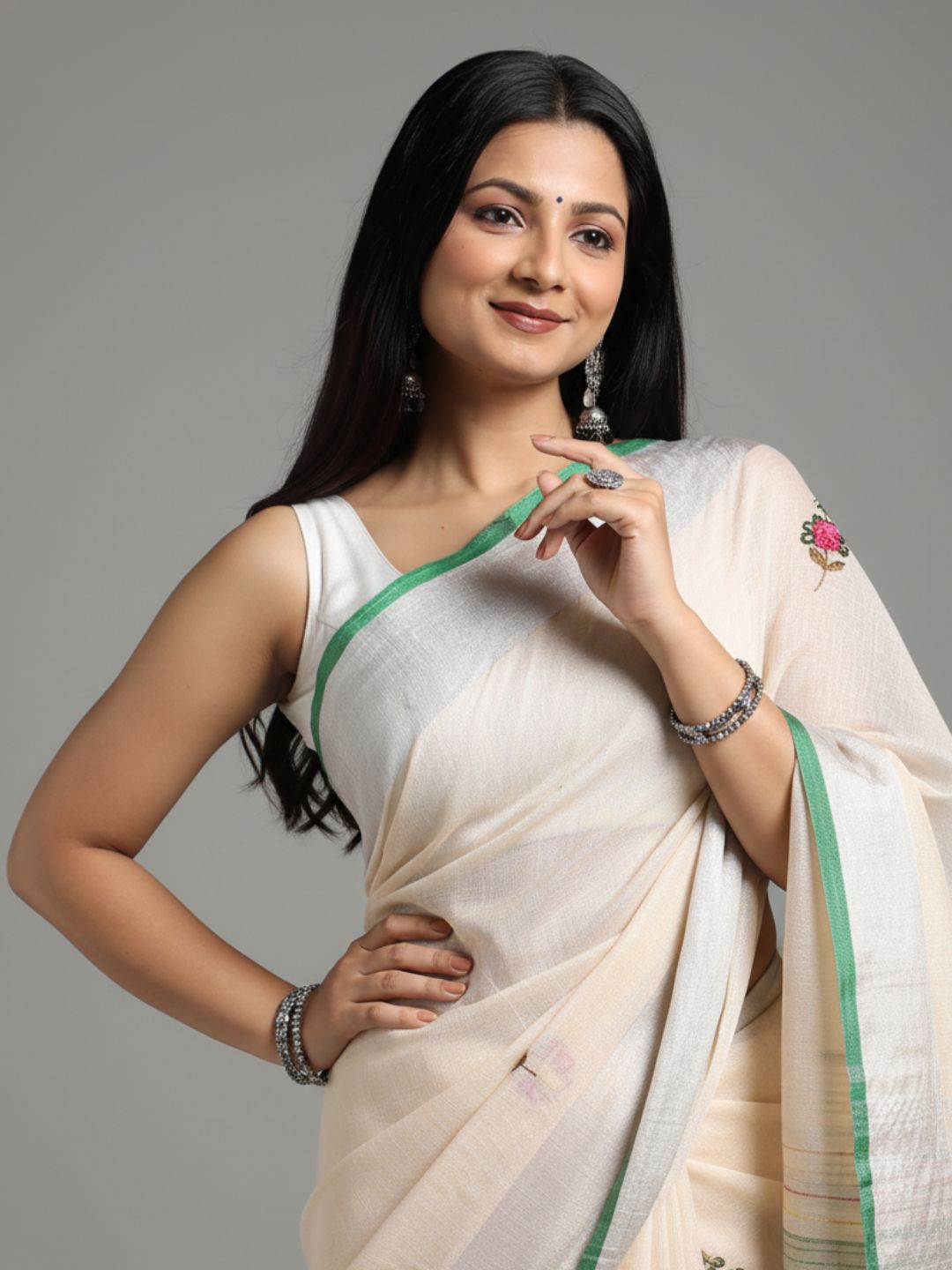 Beautiful Pure Linen Floral Embroidered Biege Saree