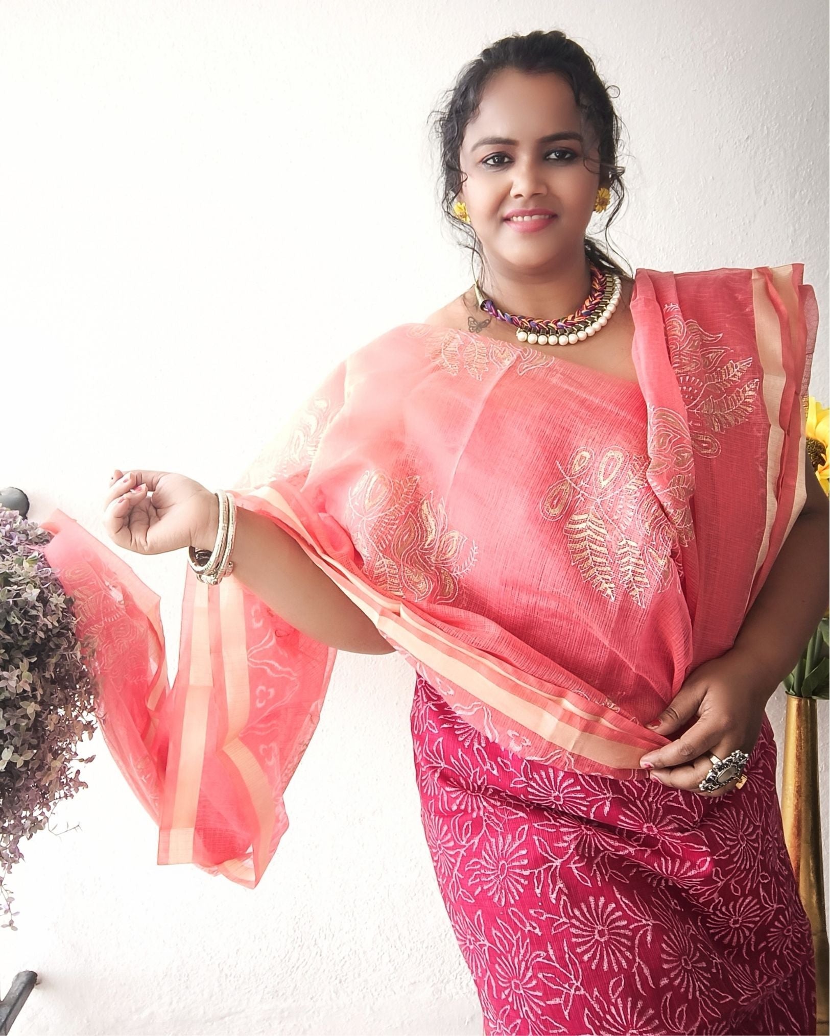 Lovable Kota Doria Embroidered Suit Material Red With Pink Dupatta