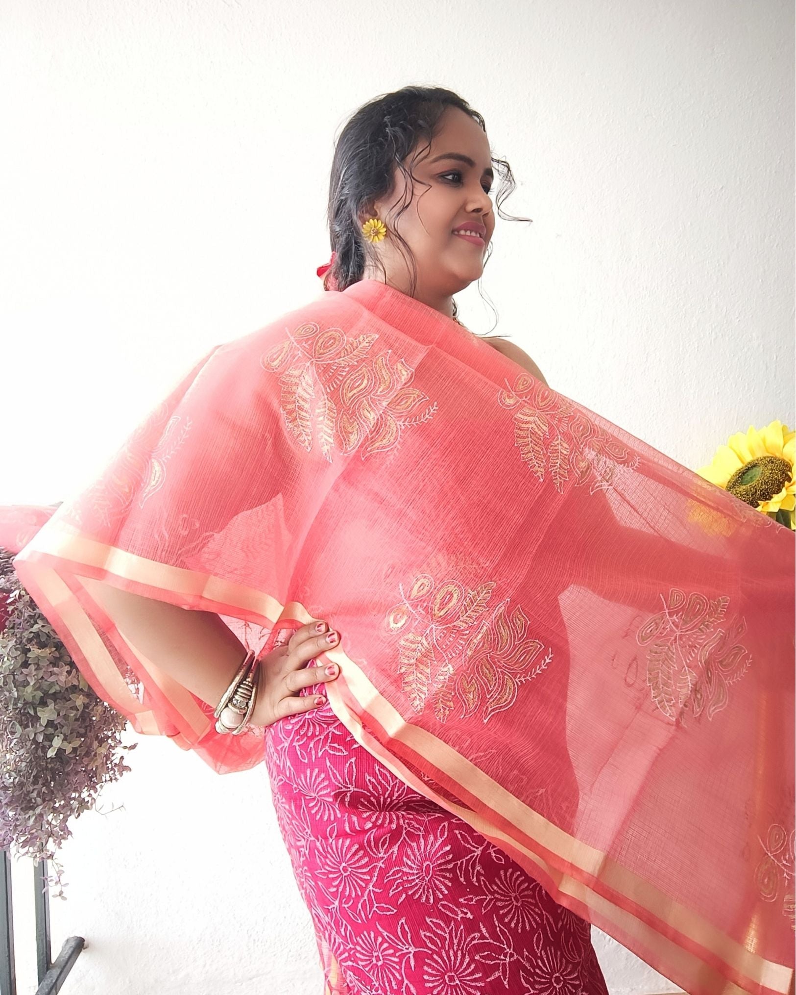 Lovable Kota Doria Embroidered Suit Material Red With Pink Dupatta