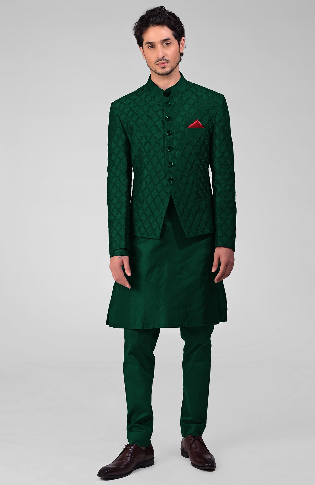 Maroon raw silk bandhgala jacket with geometric floral embroidery all over