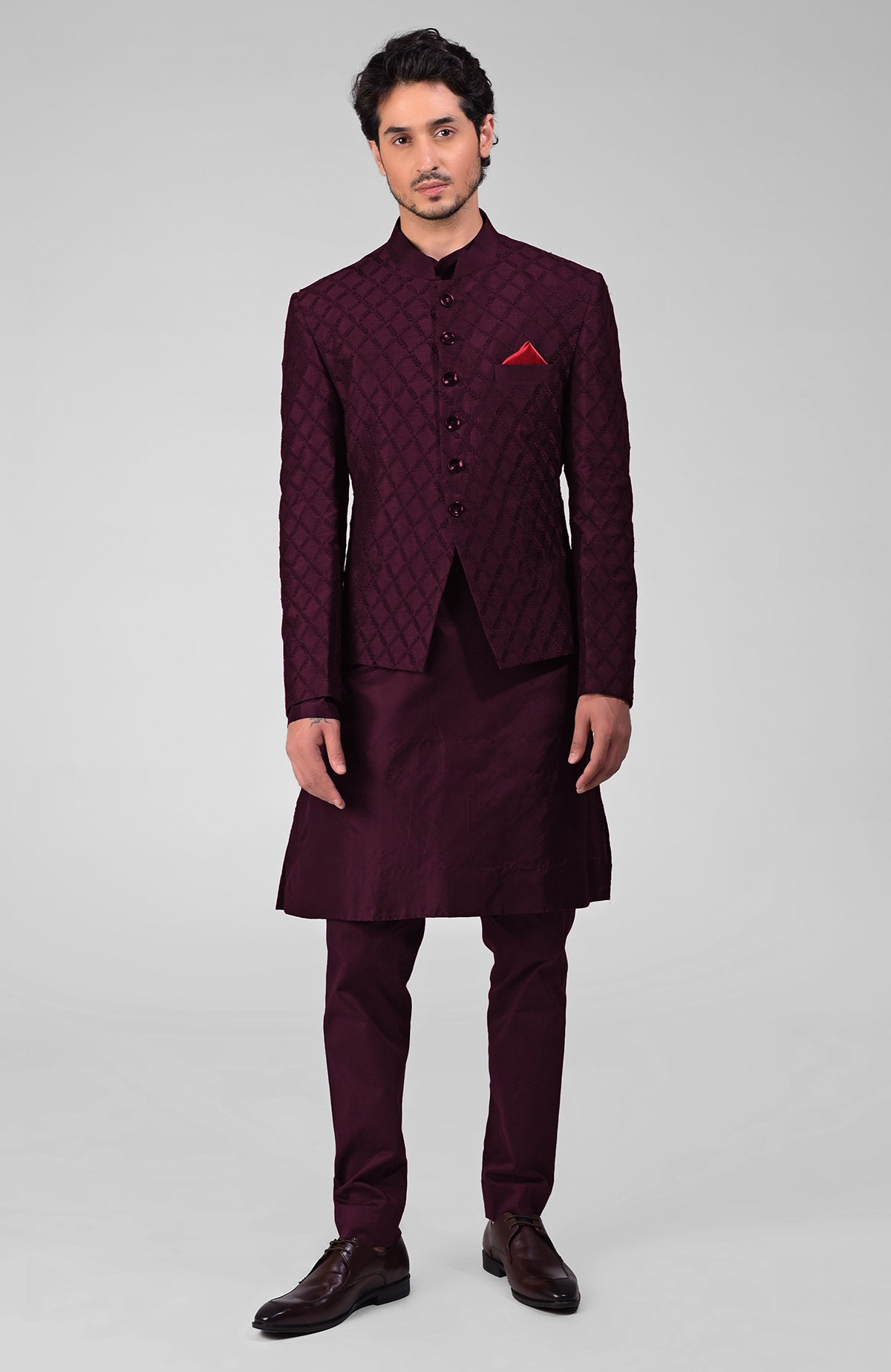 Black raw silk bandhgala jacket with geometric floral embroidery all over.