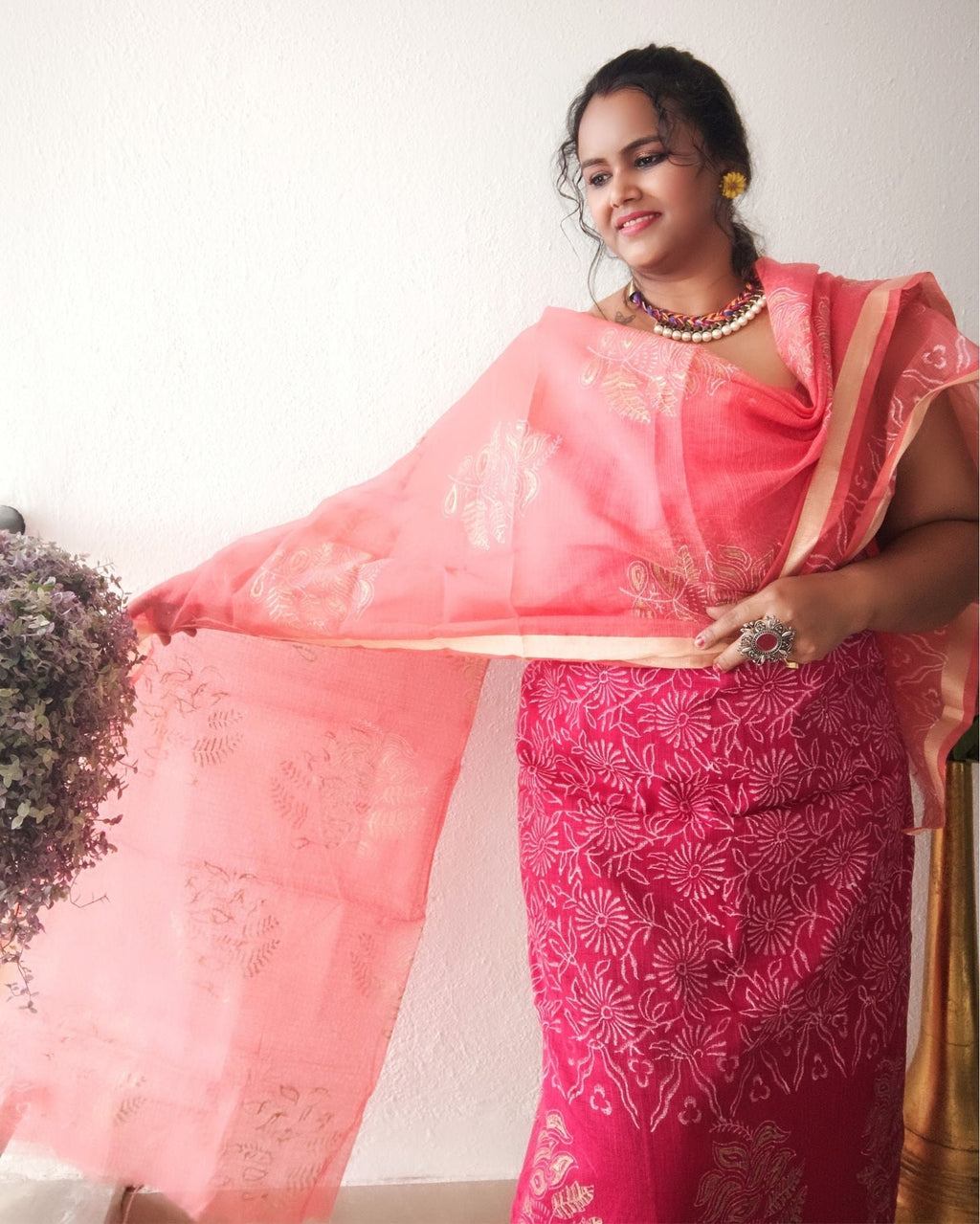 Lovable Kota Doria Embroidered Suit Material Red With Pink Dupatta