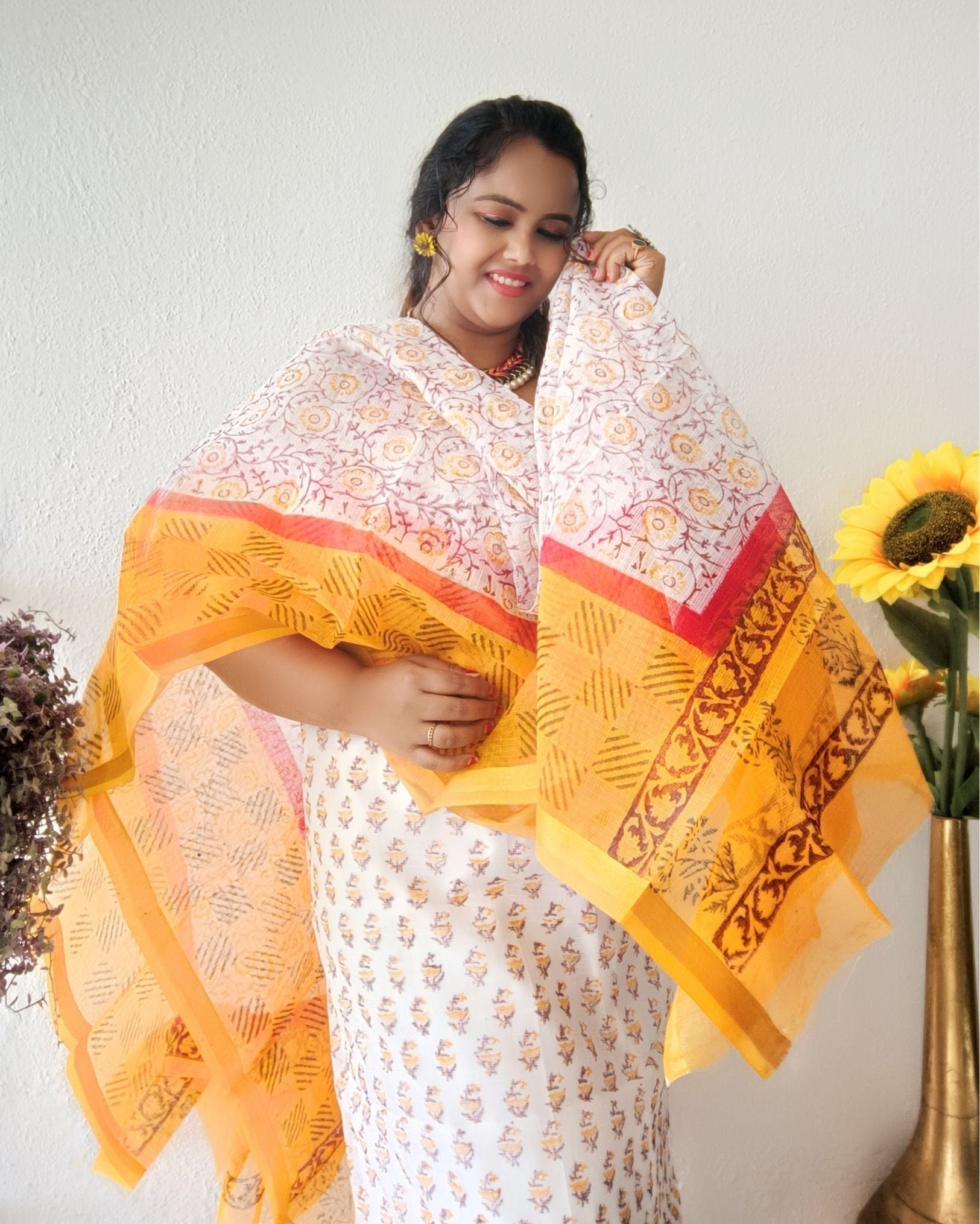 Bold Kota Doria Yellow Blockprinted Suit (Top+Dupatta+Bottom)