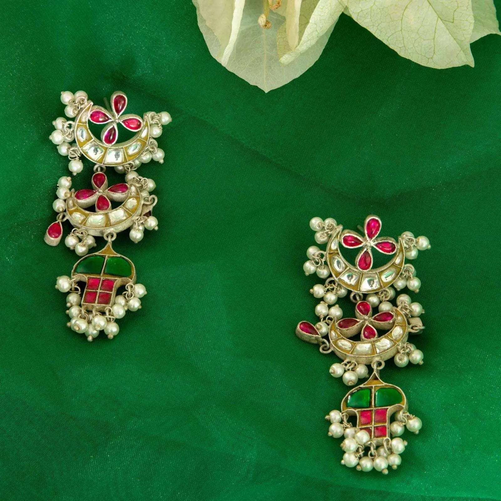 92.5 Silver Long Kundan Earrings