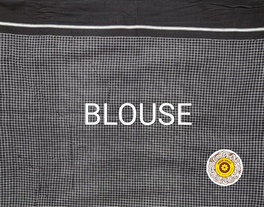 Patteda Anchu Handloom Mark Certified Pure Cotton Black Saree with Running Blouse-Indiehaat