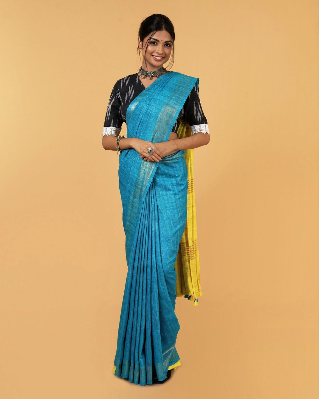Silkmark Ghicha Tussar Incandescent Blue & Yellow Saree