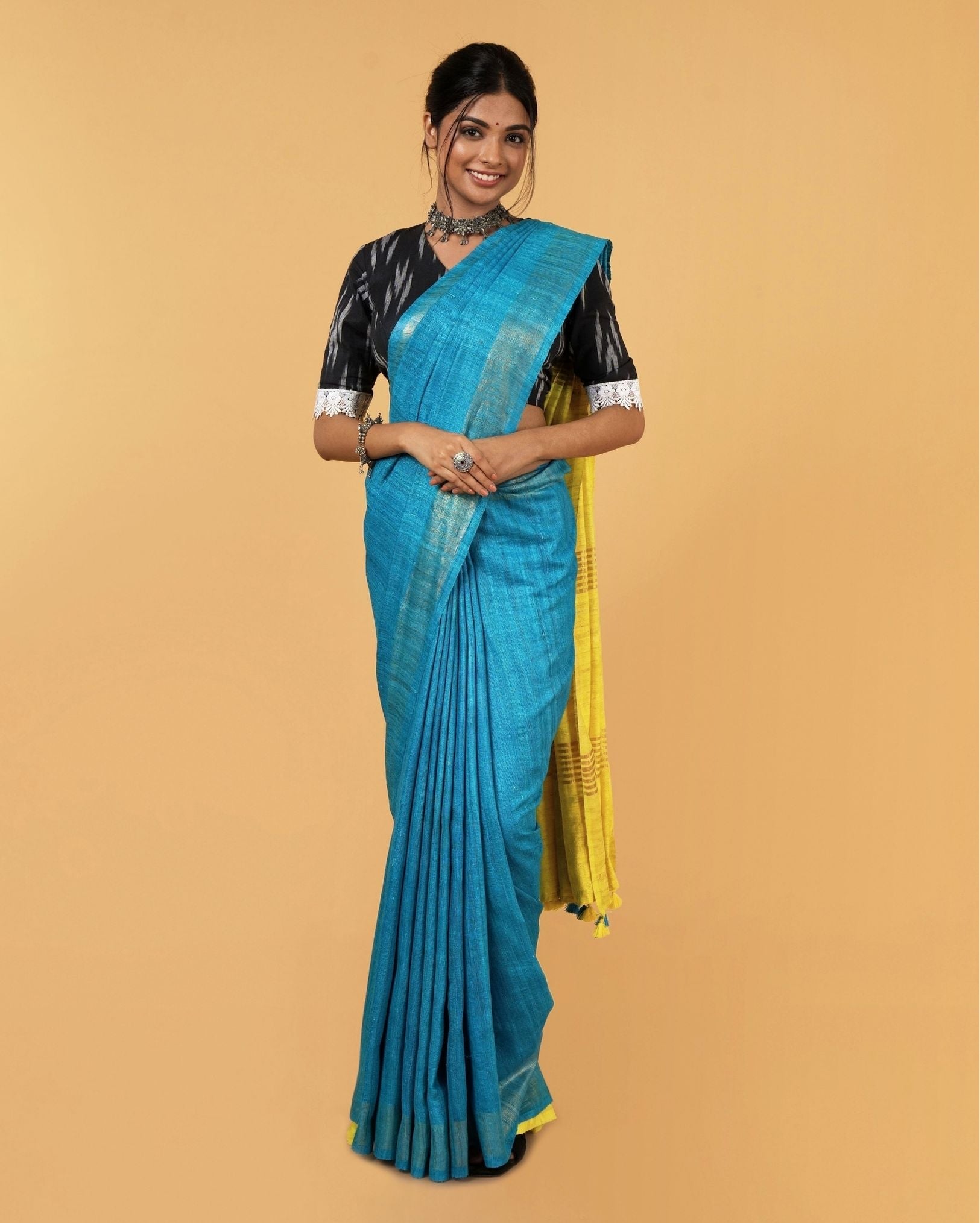 Silkmark Ghicha Tussar Incandescent Blue & Yellow Saree