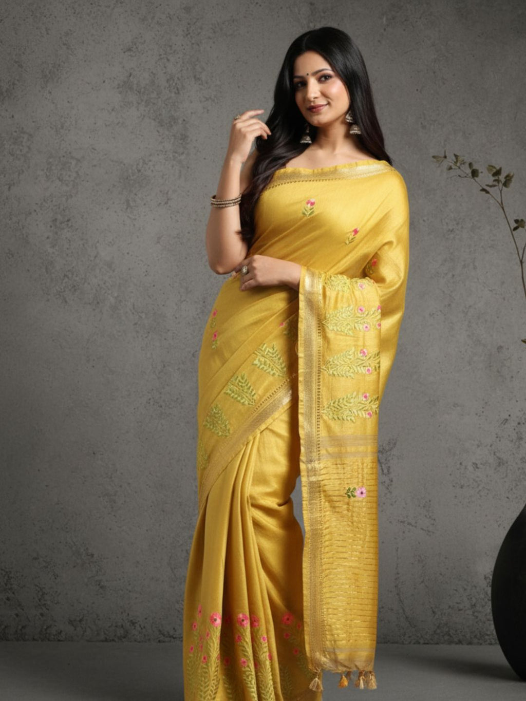Timeless Silk Linen Embroidered Mustard Saree