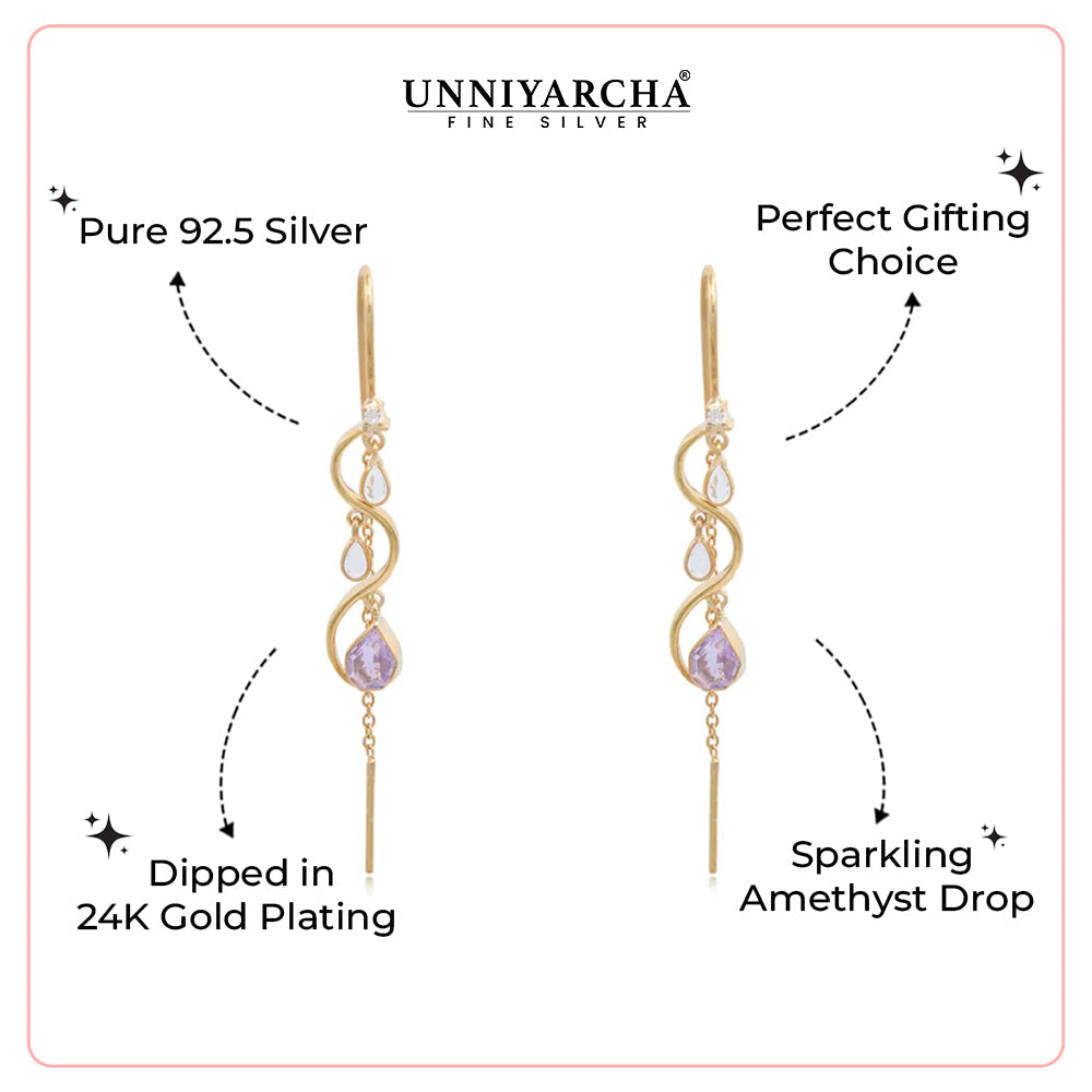 92.5 Sterling Silver Sui Dhaga Earing With Amethyst And Polki Drops