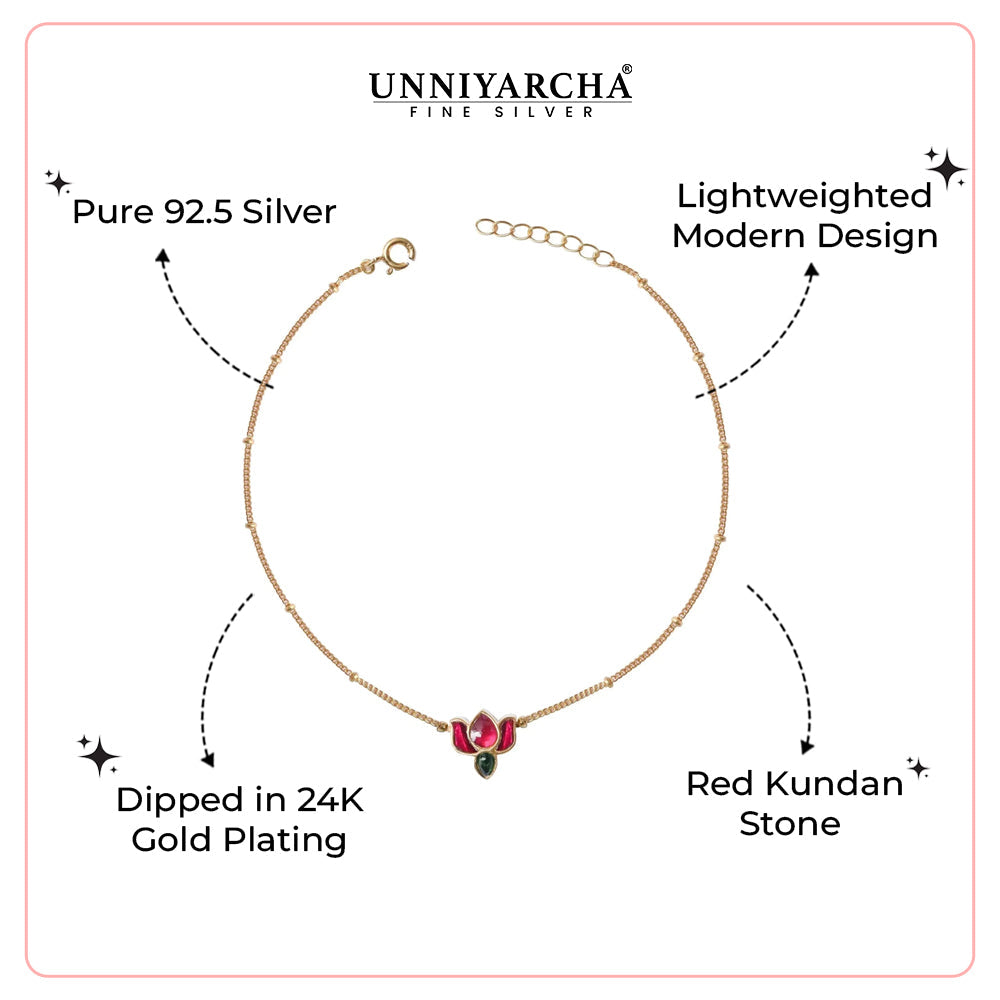 92.5 Sterling Silver Kundan Lotus Anklet - Single