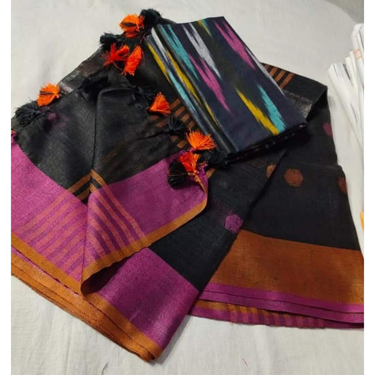 Pure Linen Black Dupatta With Ikkat Kurti Material-Indiehaat