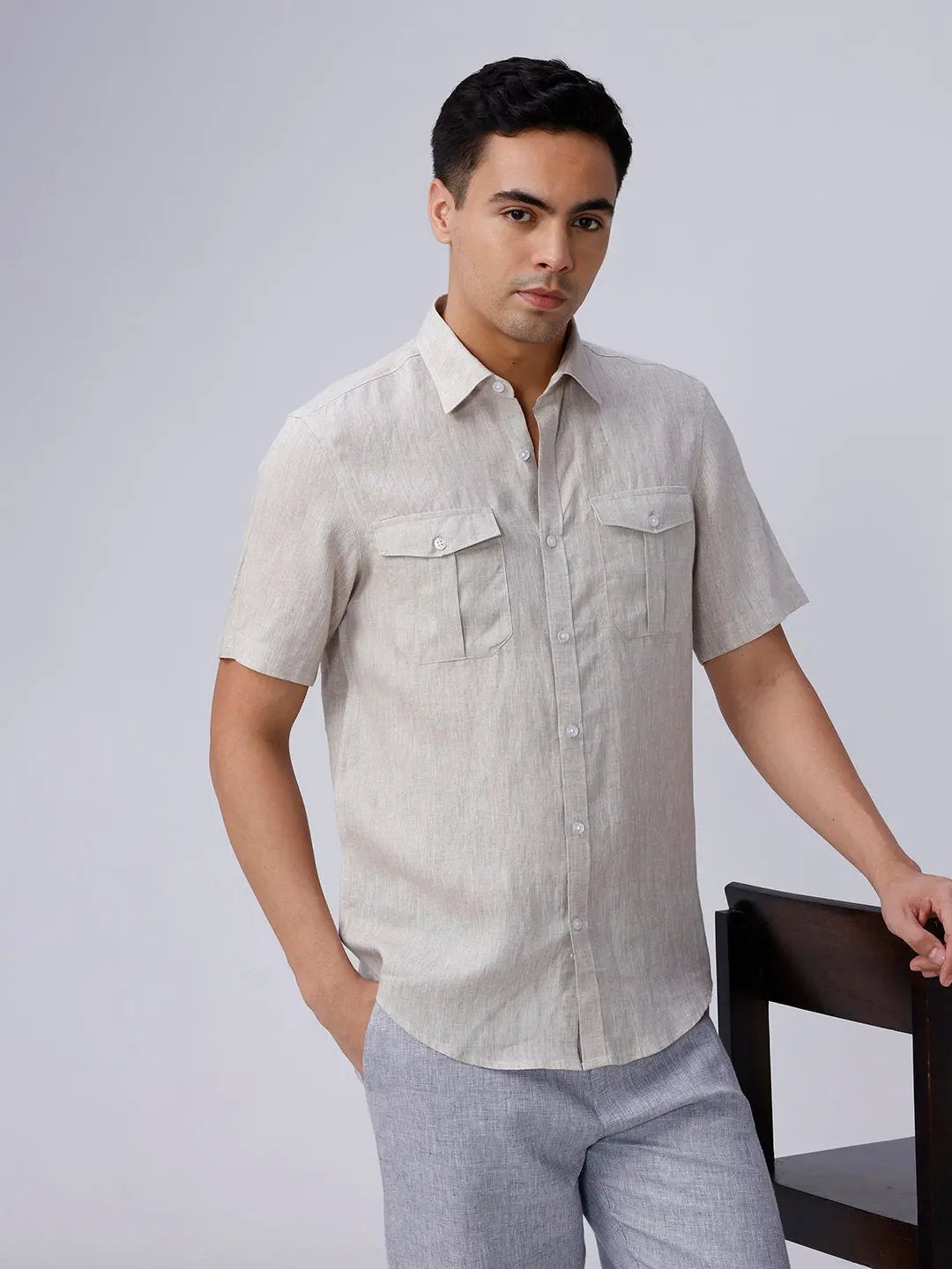 Beige Double Pocket Short Sleeve Linen ShirtUnited By Hope