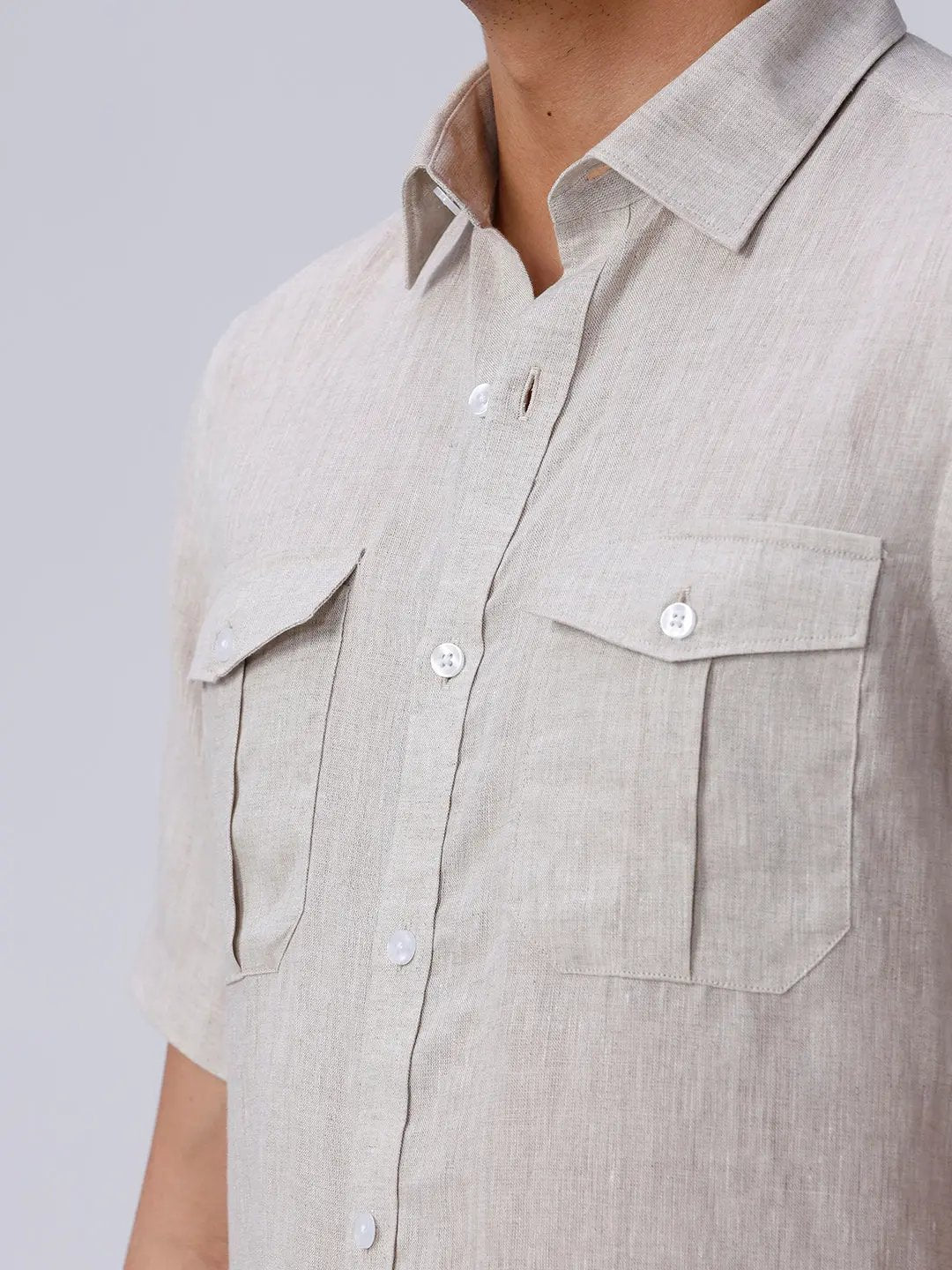 Beige Double Pocket Short Sleeve Linen ShirtUnited By Hope