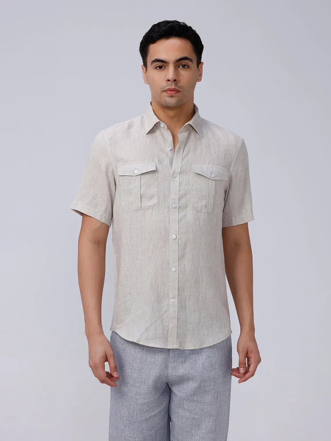 Beige Double Pocket Short Sleeve Linen ShirtUnited By Hope