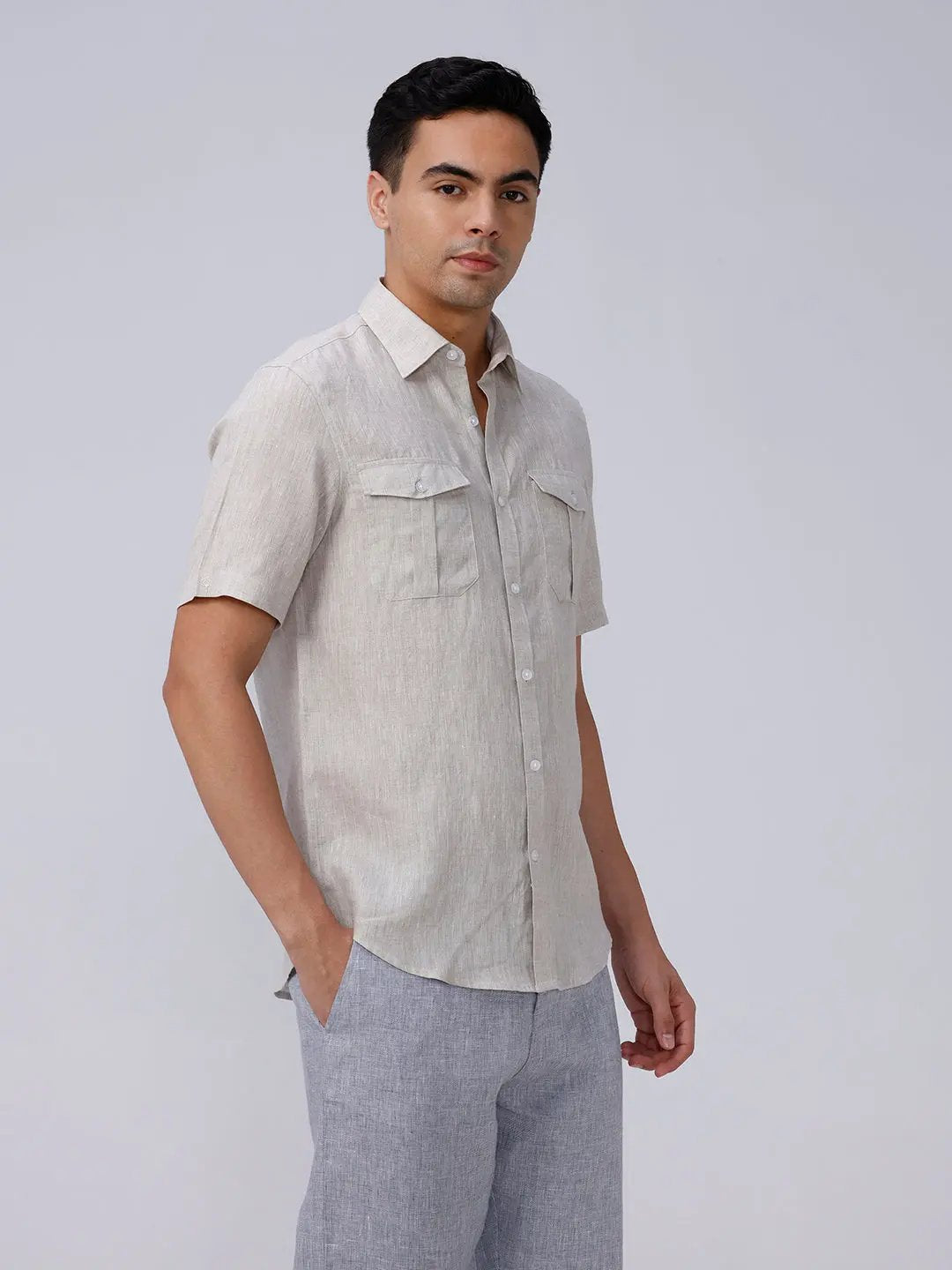 Beige Double Pocket Short Sleeve Linen ShirtUnited By Hope