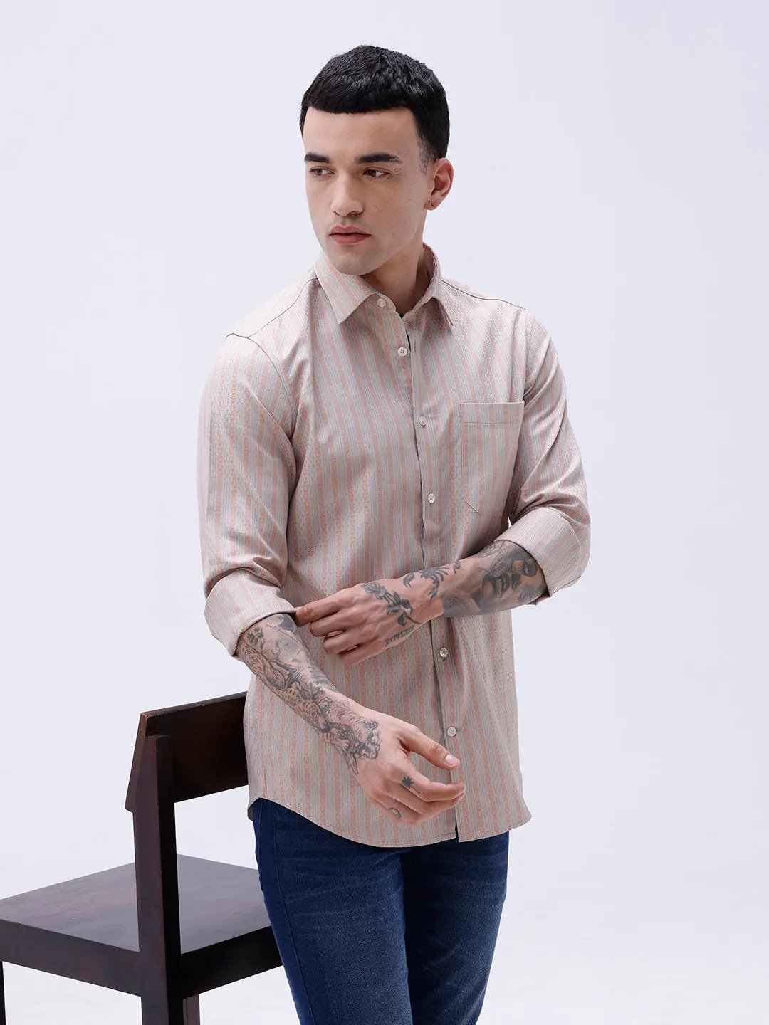 Beige and Orange Stripes Dobby ShirtUnited By Hope