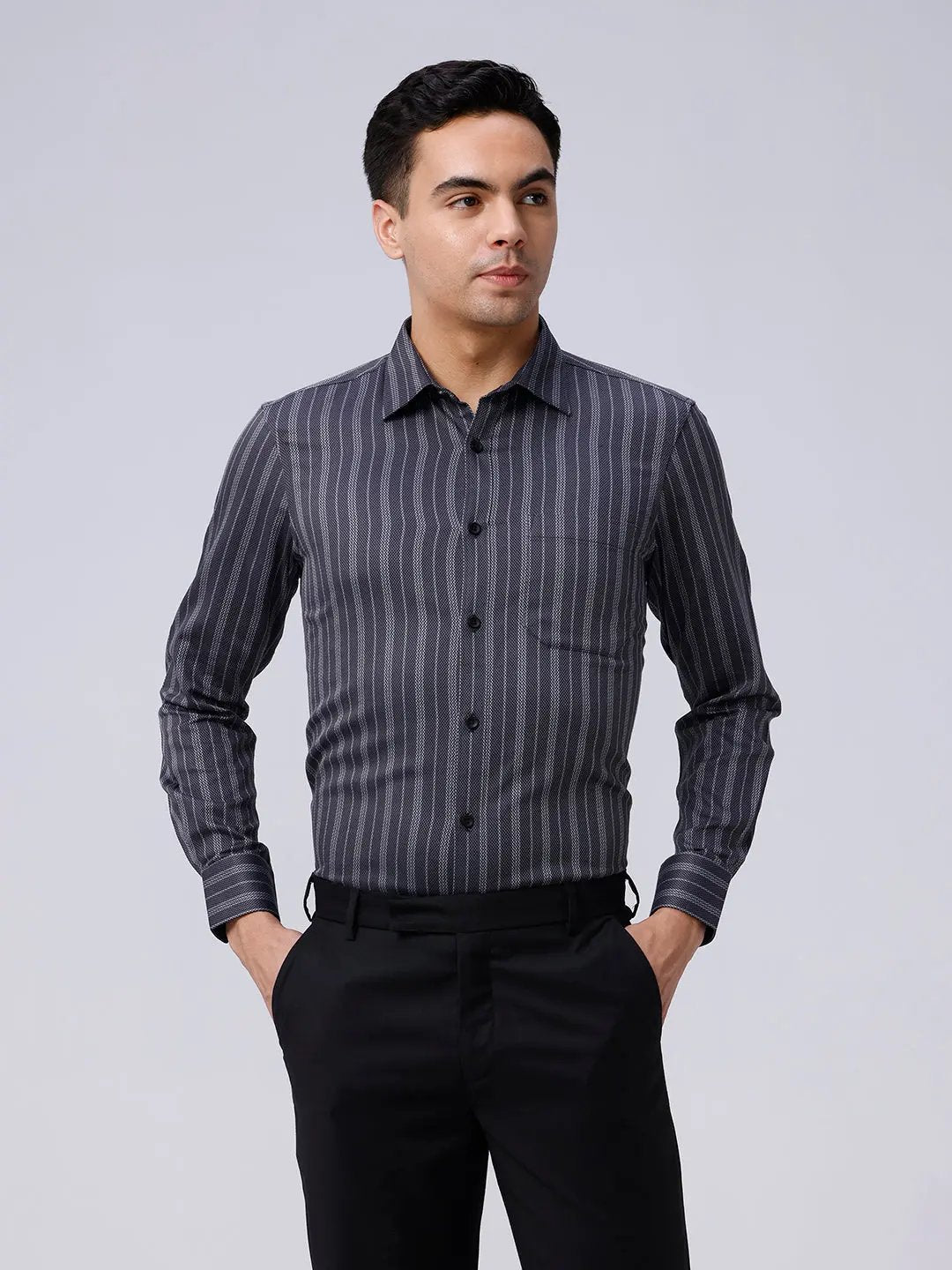 Black and Grey Striped Twill ShirtUnited By Hope