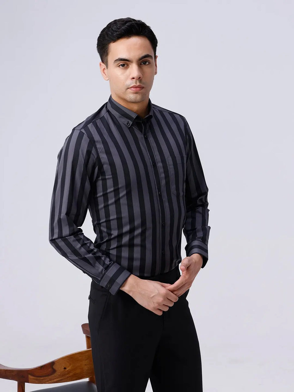 Black and Grey Stripes Dobby Button Down ShirtUnited By Hope