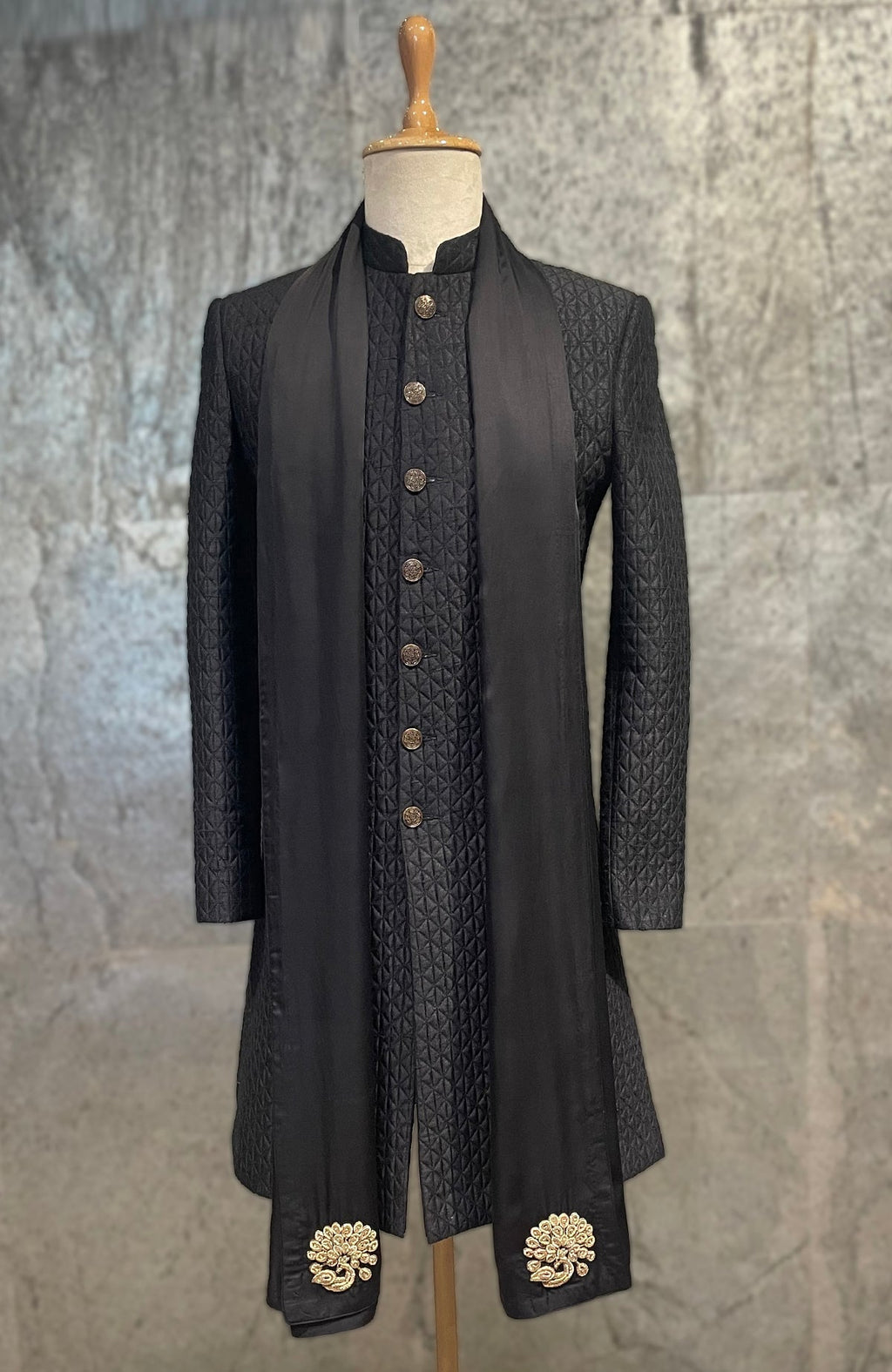 Black satin stole with hand embroidered Indian peacock motif in zardozi dabka style