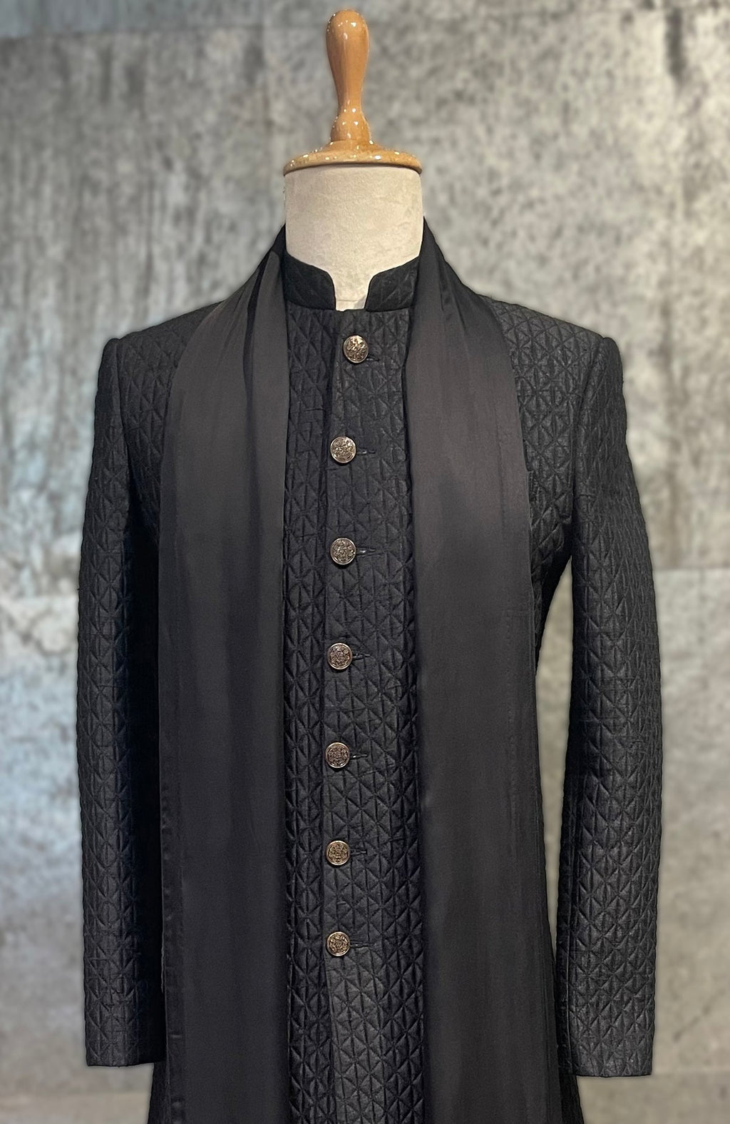 Black satin stole with hand embroidered Indian peacock motif in zardozi dabka style