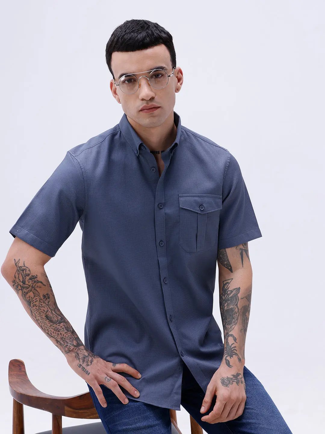 Blue Waffle Dobby Plain Short Sleeve ShirtUnited By Hope