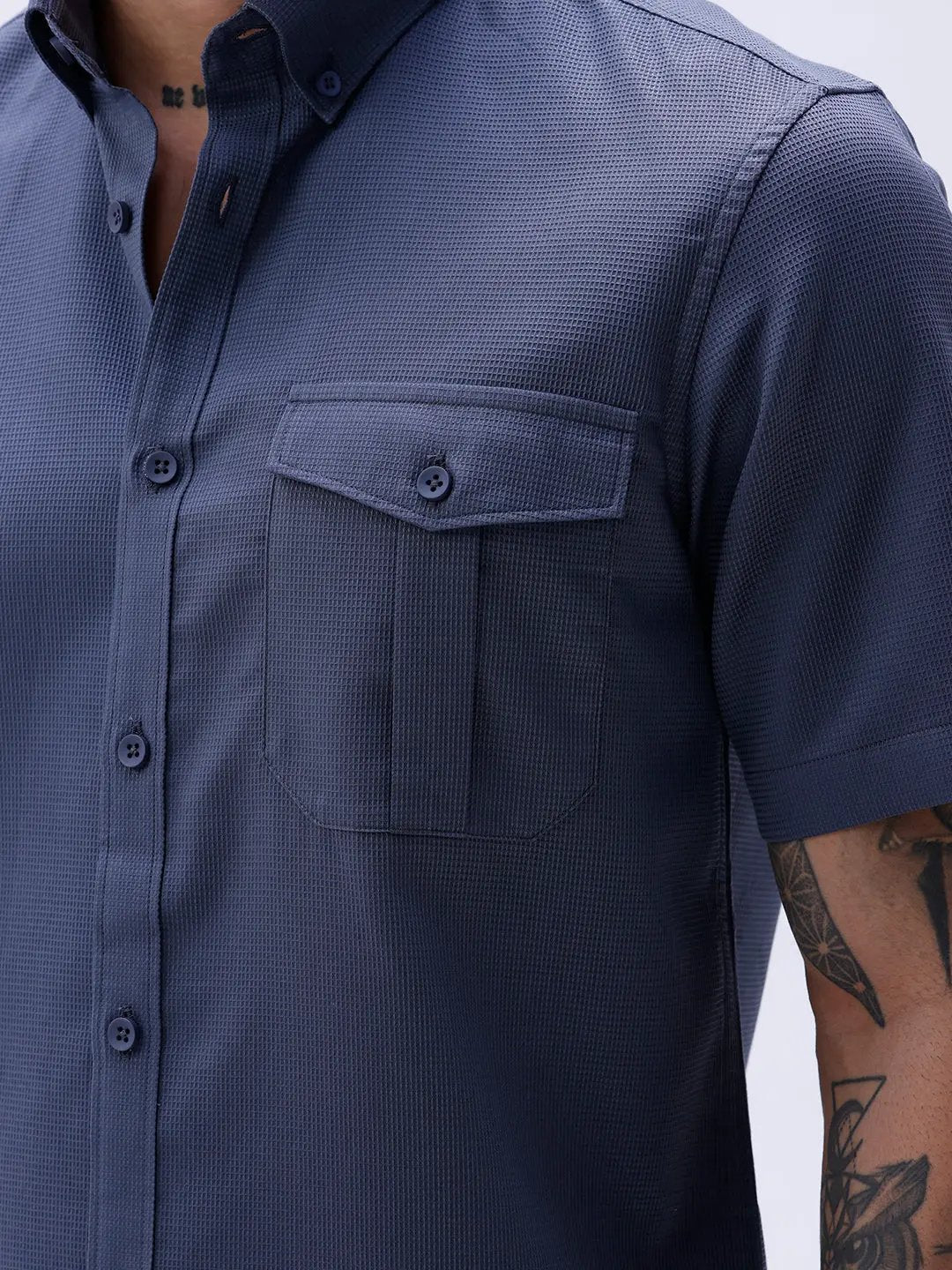 Blue Waffle Dobby Plain Short Sleeve ShirtUnited By Hope