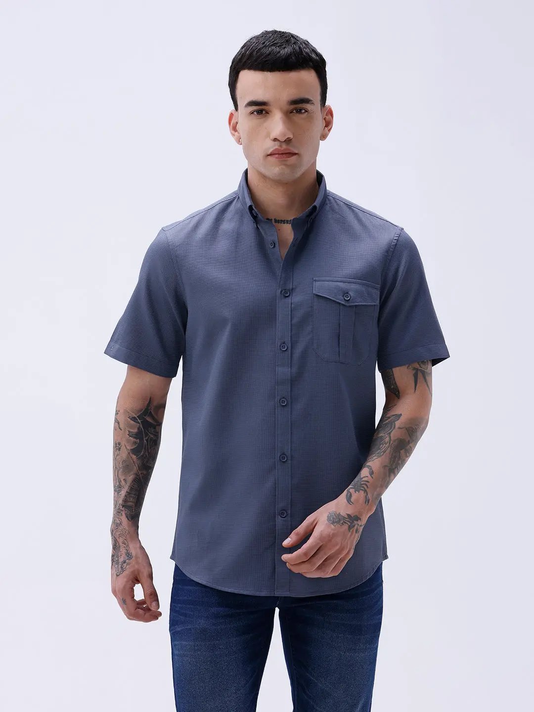 Blue Waffle Dobby Plain Short Sleeve ShirtUnited By Hope