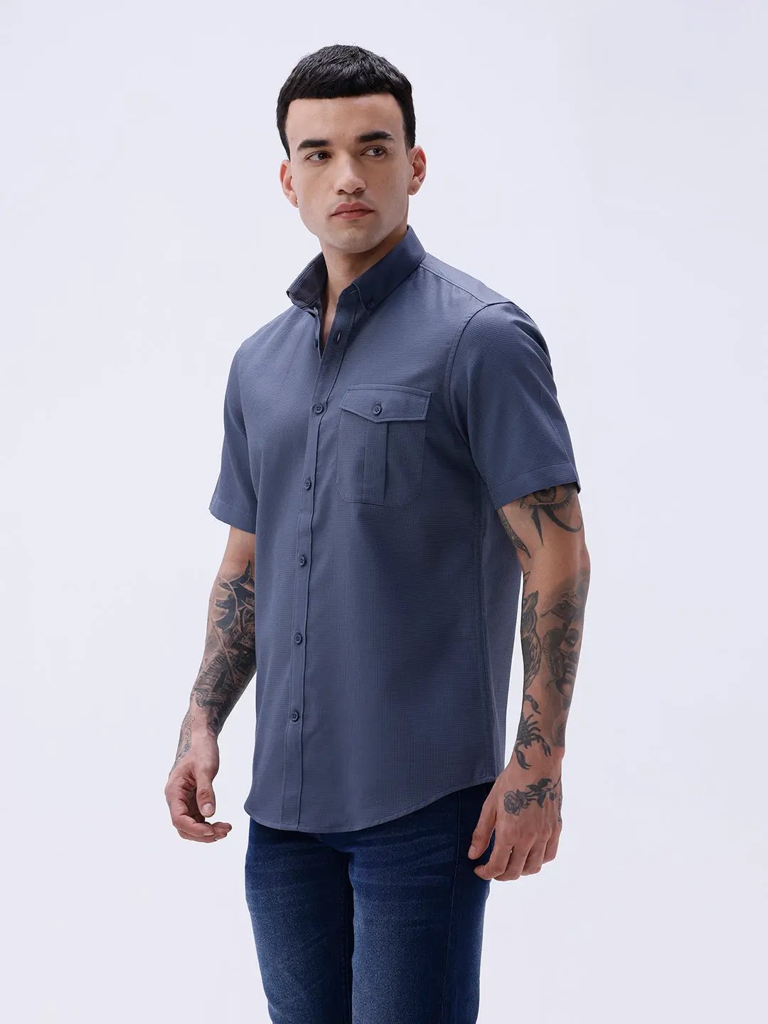 Blue Waffle Dobby Plain Short Sleeve ShirtUnited By Hope