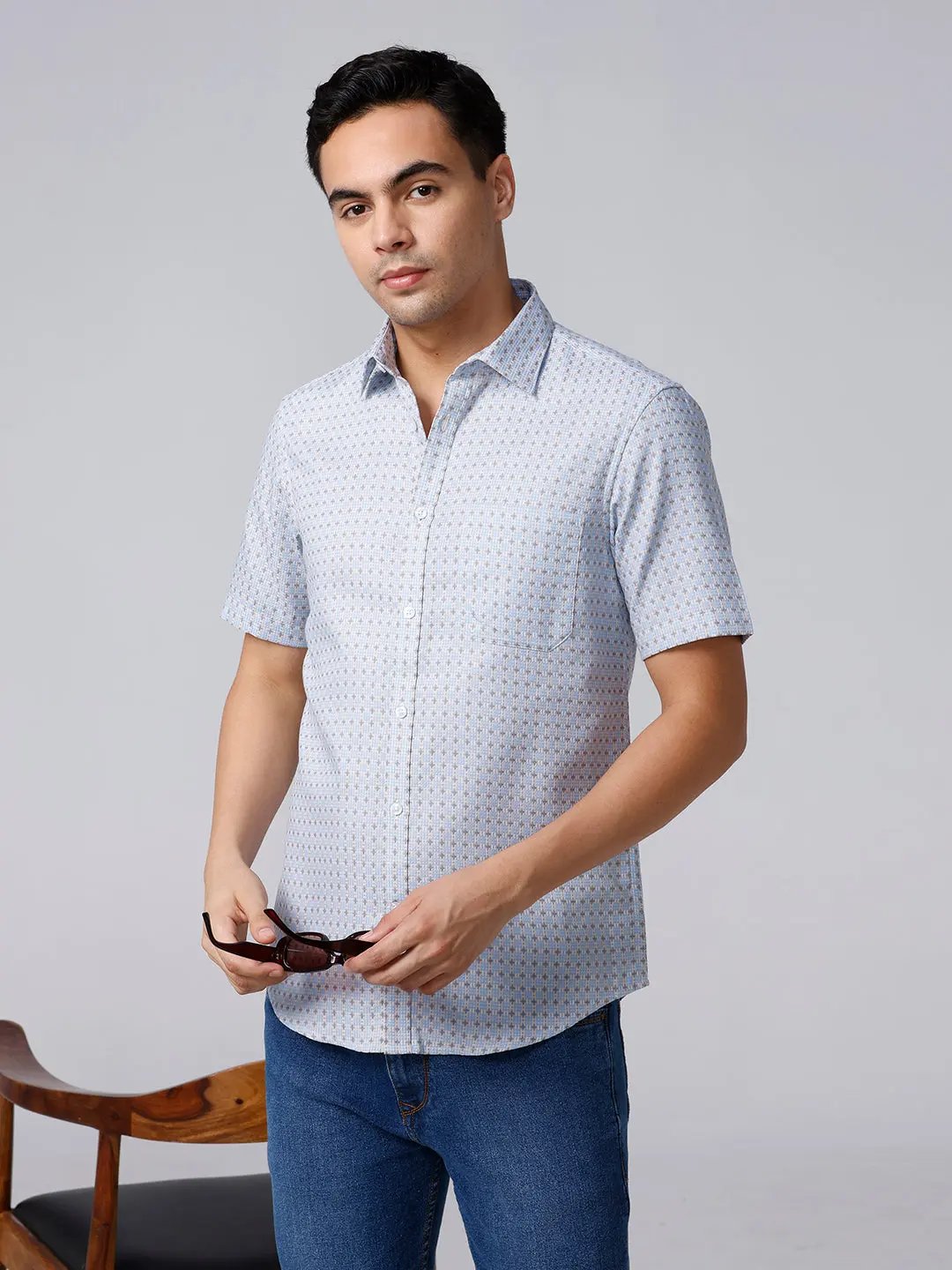 Blue and Grey Printed Dobby ShirtUnited By Hope