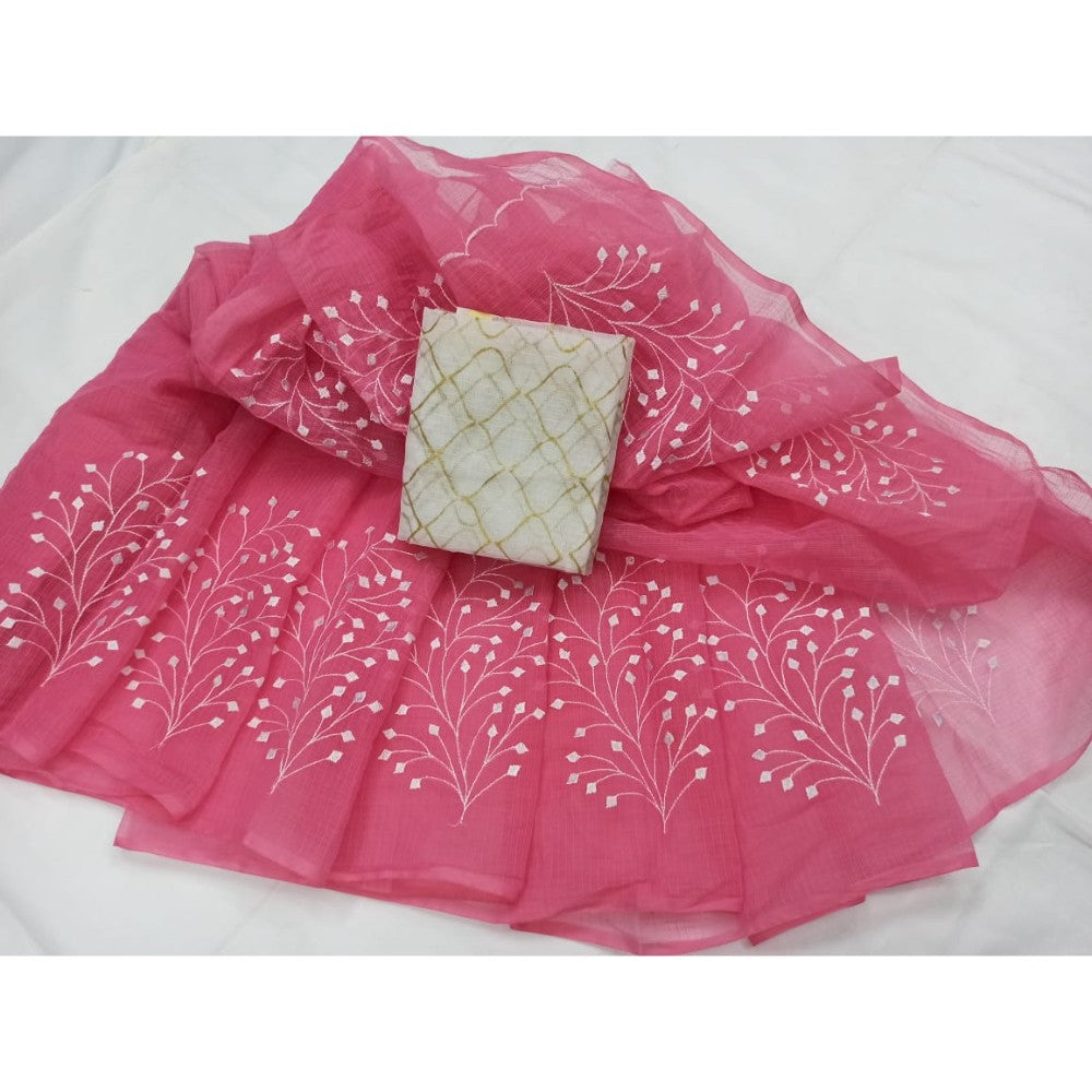 Kota Doria Embroidery Pink Saree with blouse Handcrafted-Indiehaat