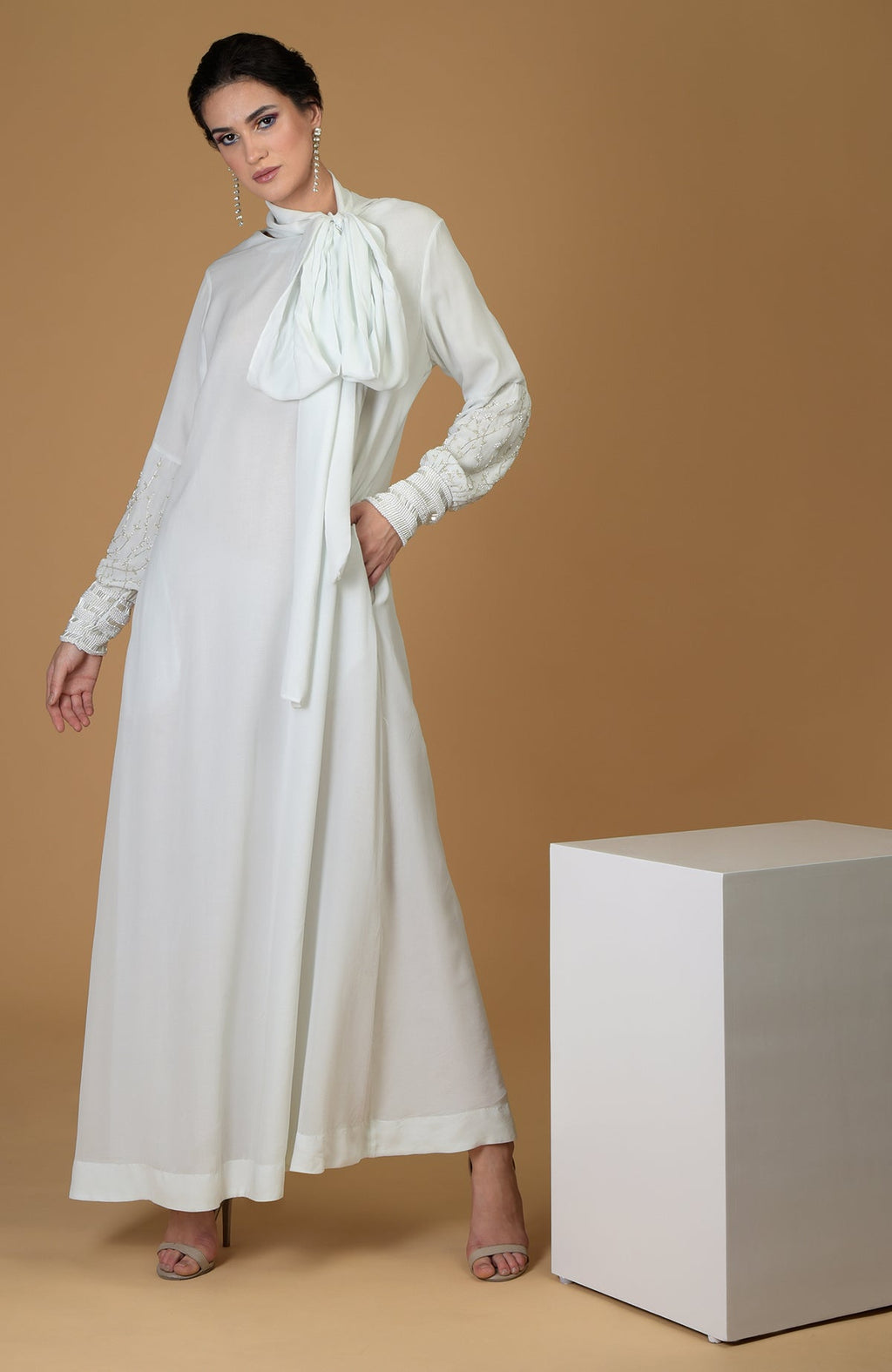 Bed of Pearl Hand Embroidered Dress in ash grey with pearl and bead embellished sleeves.