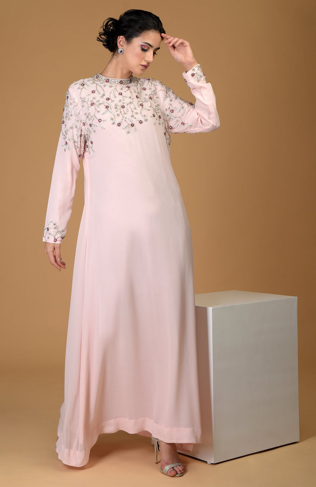 Pale pink silk georgette gown with crystal and bead embroidery.