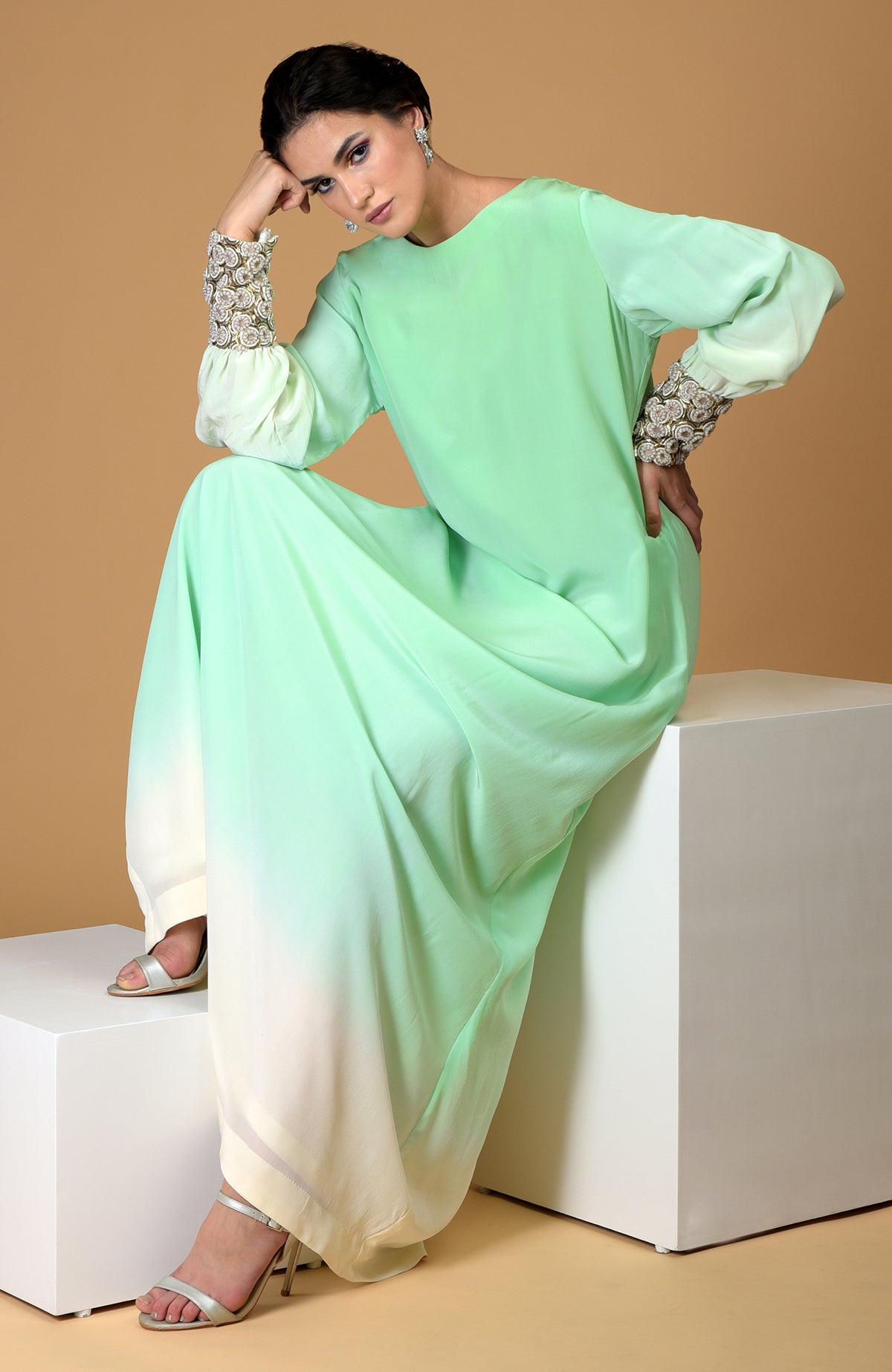 Sparkling Circular Jewelled Cuff Hand Embroidered Dress in ombre sage green.