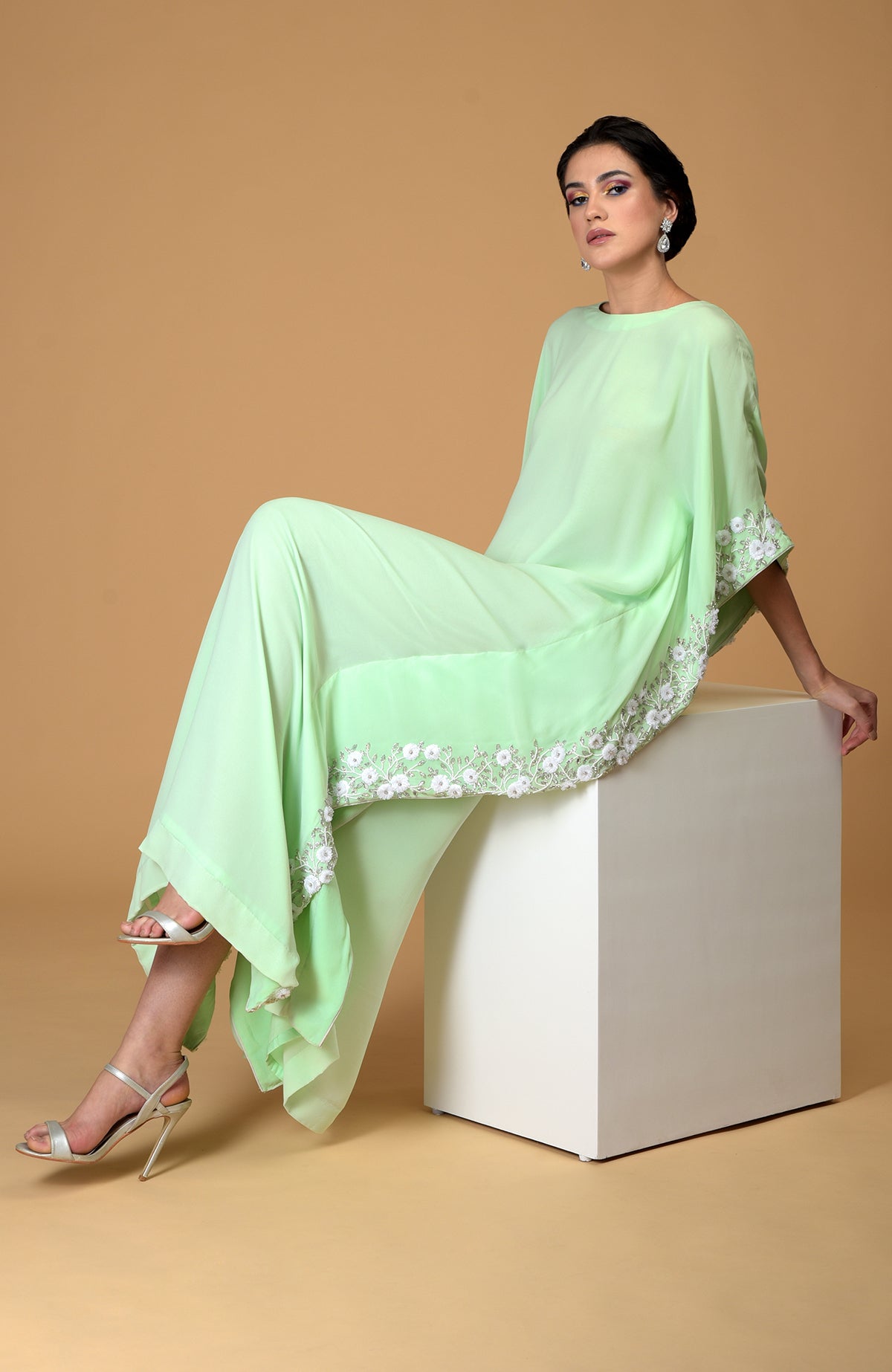 Spring Blossom Floral Hand Embroidered Dress in mint green with white floral embroidery.