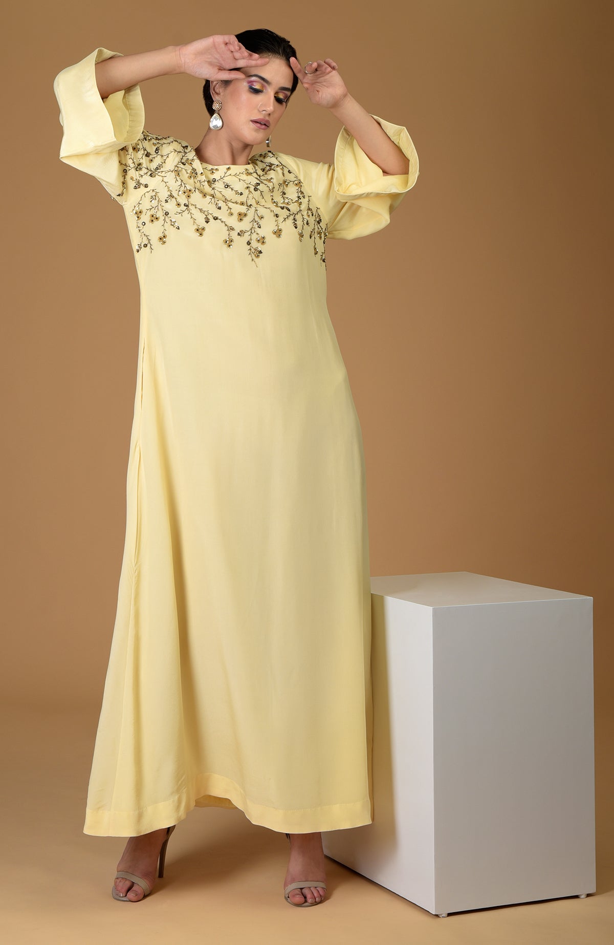 Dainty floral lemon sprig hand-embroidered dress with bell sleeves.