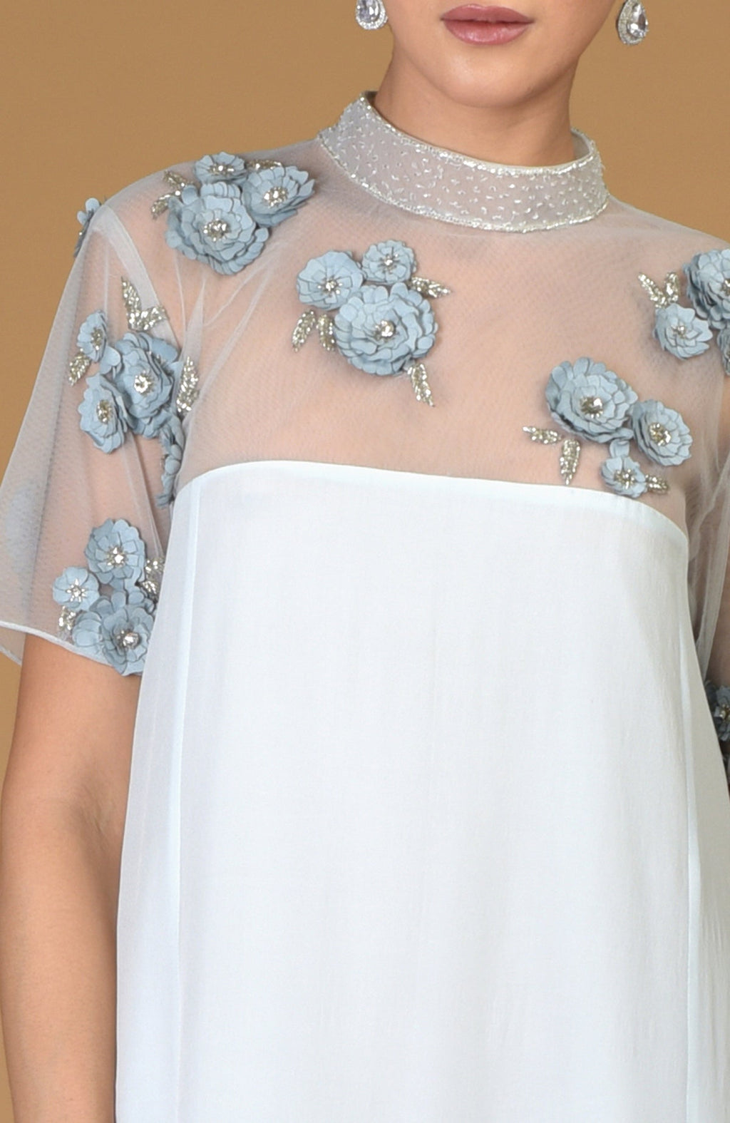 Blue Twilight Hand Embroidered Dress with sheer sleeves and floral embellishments.