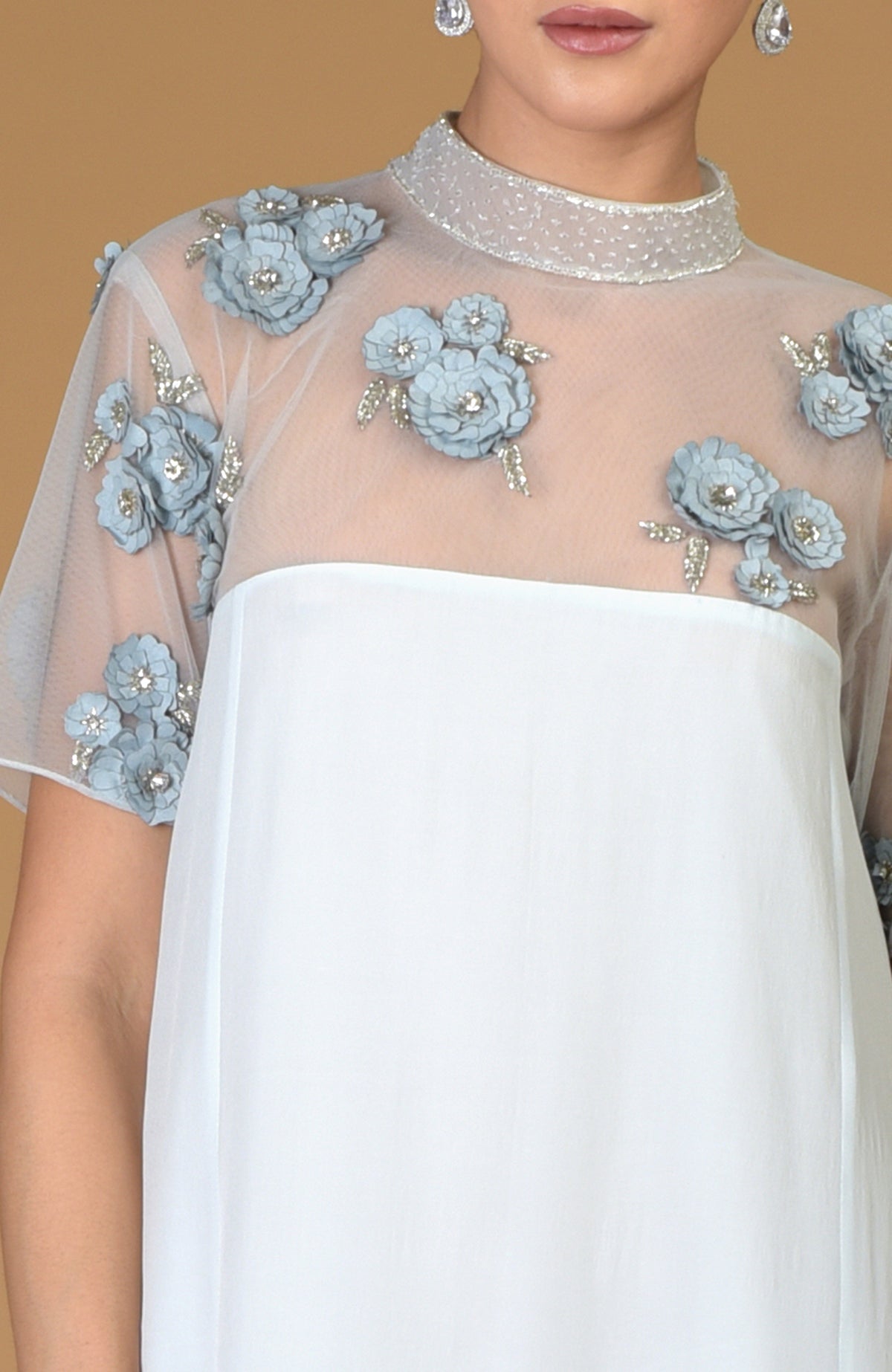 Blue Twilight Hand Embroidered Dress with sheer sleeves and floral embellishments.