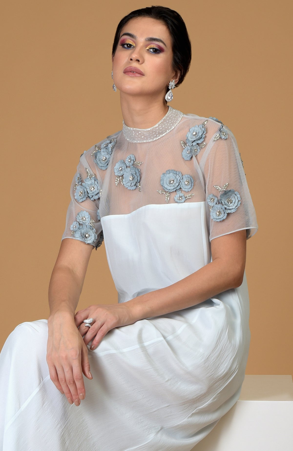 Blue Twilight Hand Embroidered Dress with floral embellishments.